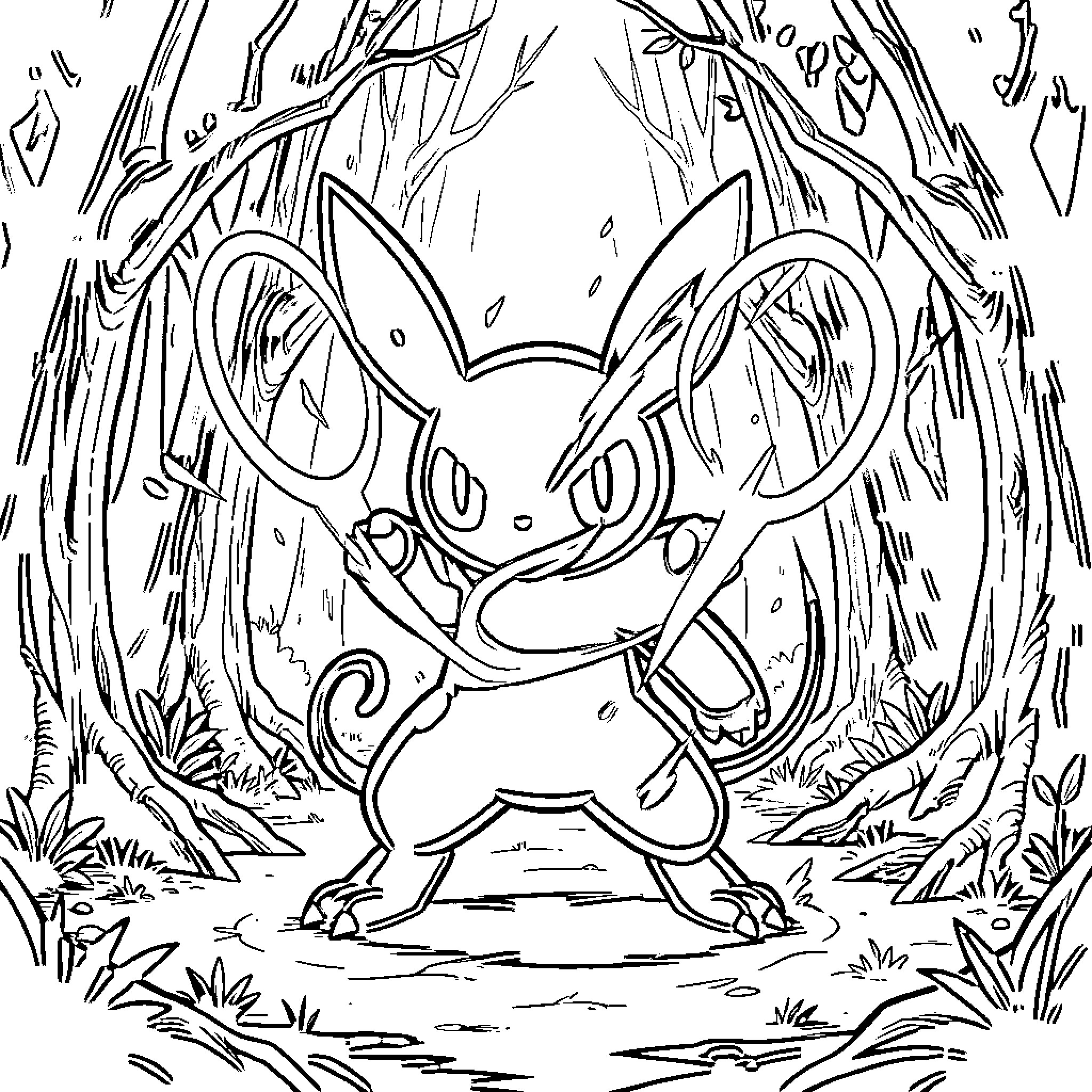 Umbreon exploring the mysterious forest Coloring Page (free black-and-white line drawing printable PDF for all, from beginners to advanced learners, including children, teens, adults, and seniors)