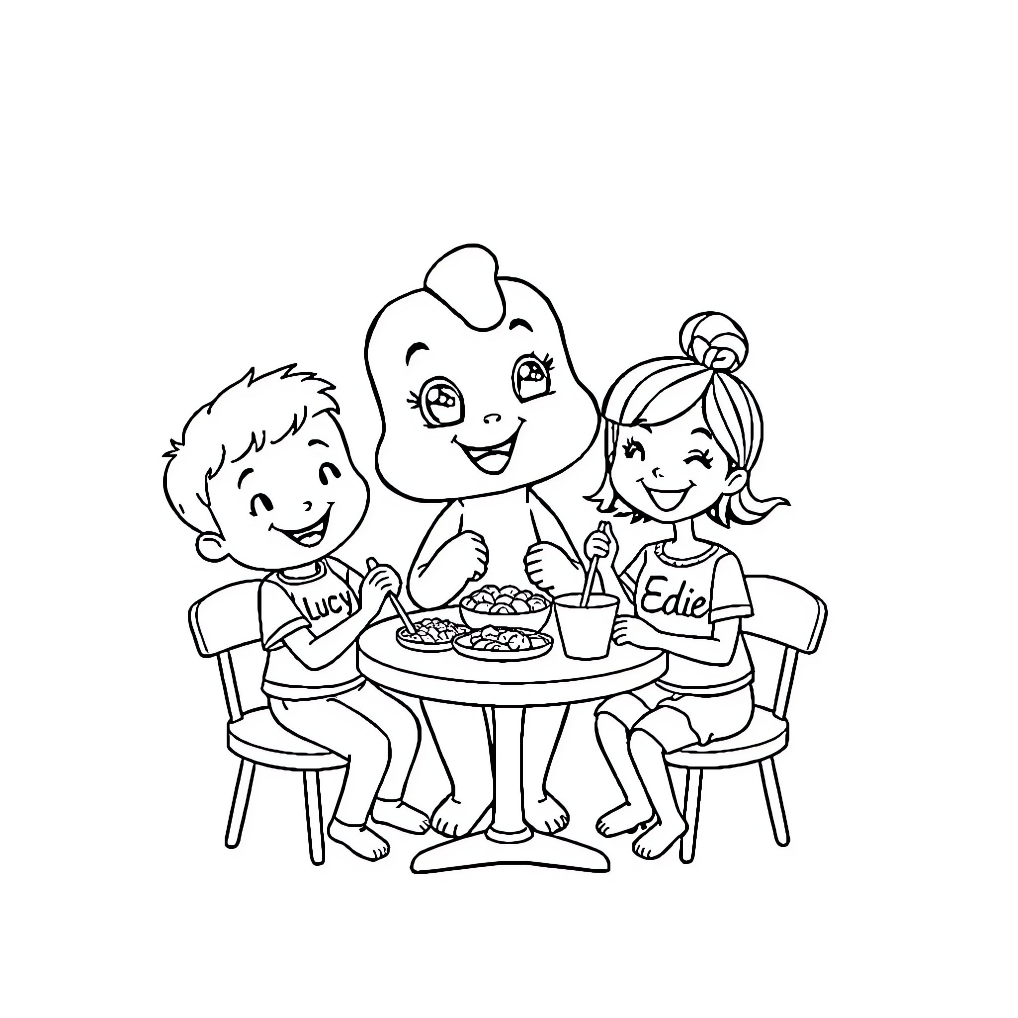 Cinnamoroll enjoying a meal with friends Coloring Page (free black-and-white line drawing printable PDF for all, from beginners to advanced learners, including children, teens, adults, and seniors)