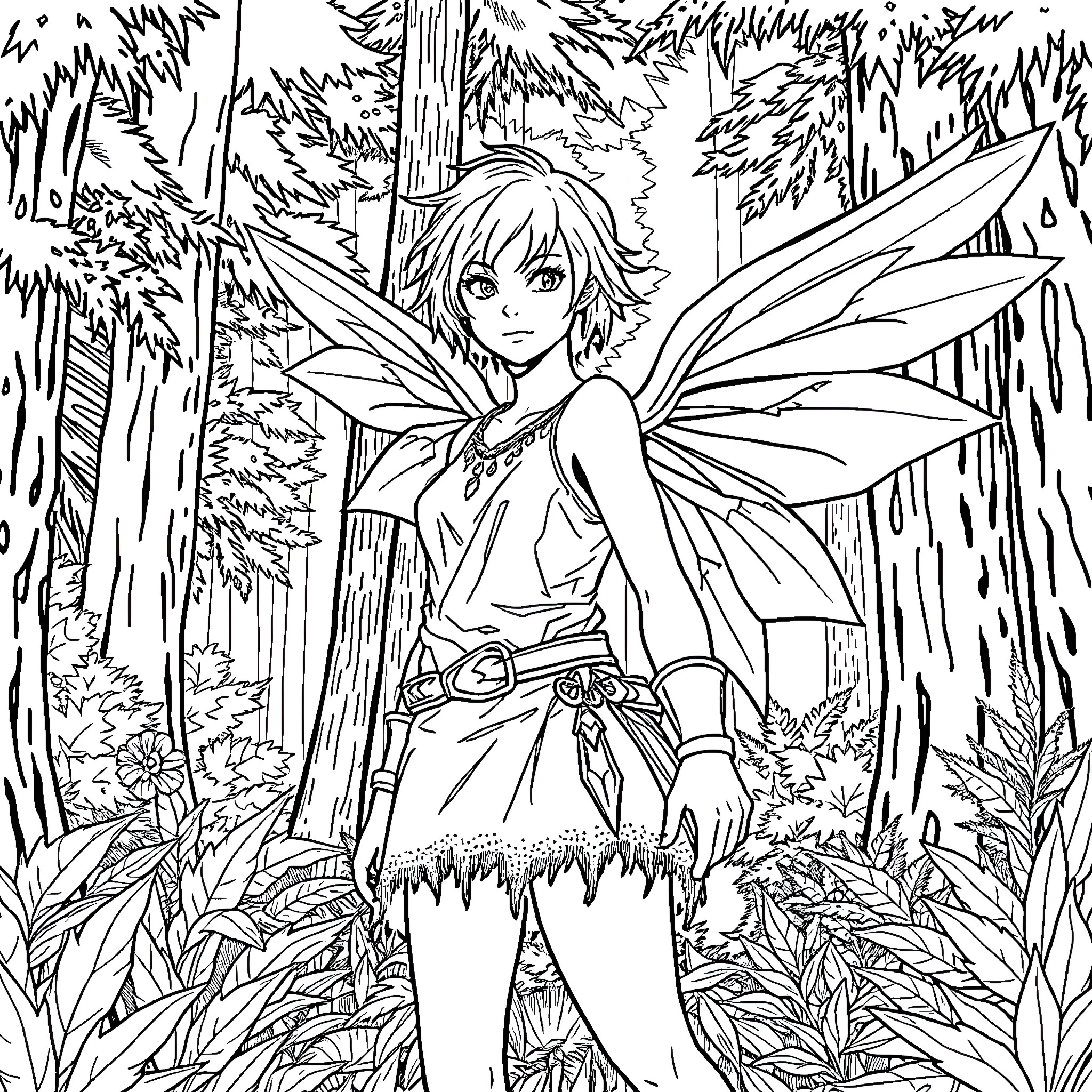 Woman Fairy Exploring Enchanted Forest Coloring Page (free black-and-white line drawing printable PDF for all, from beginners to advanced learners, including children, teens, adults, and seniors)