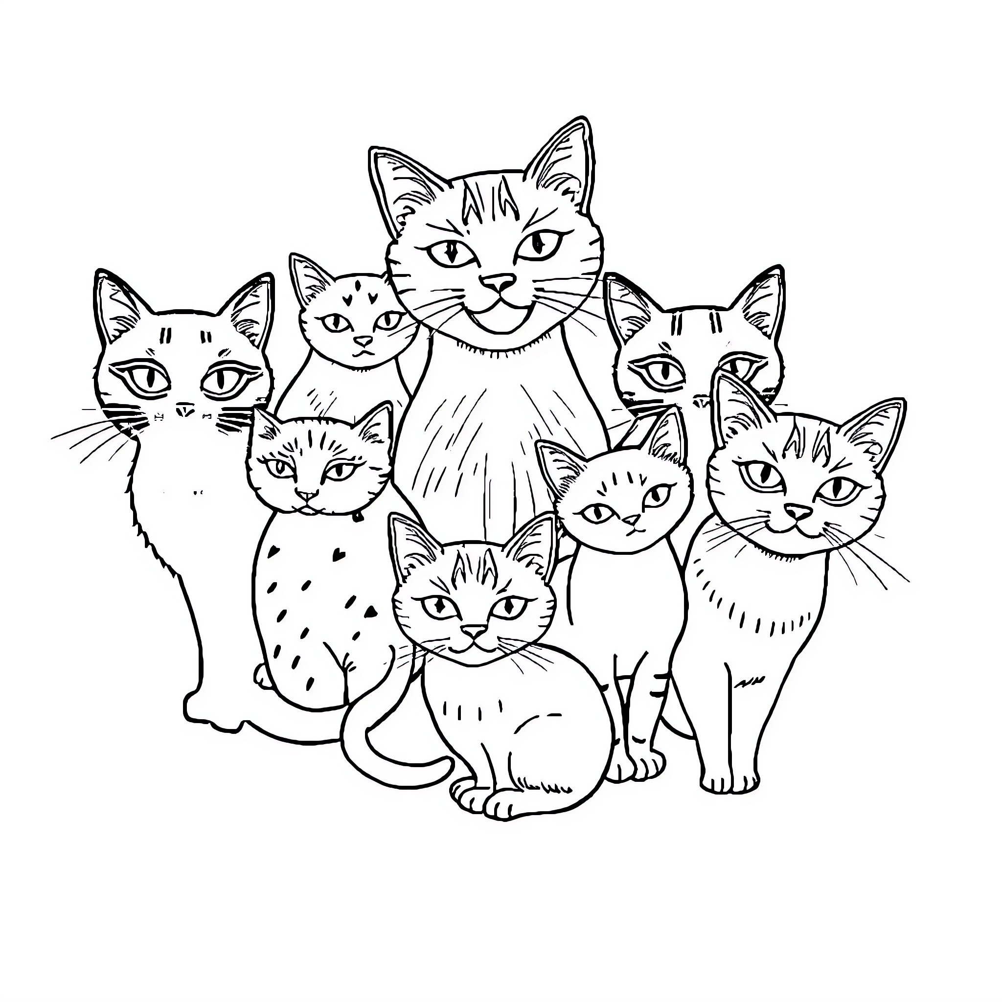 Cat family portrait with various expressions Coloring Page (free black-and-white line drawing printable PDF for all, from beginners to advanced learners, including children, teens, adults, and seniors)