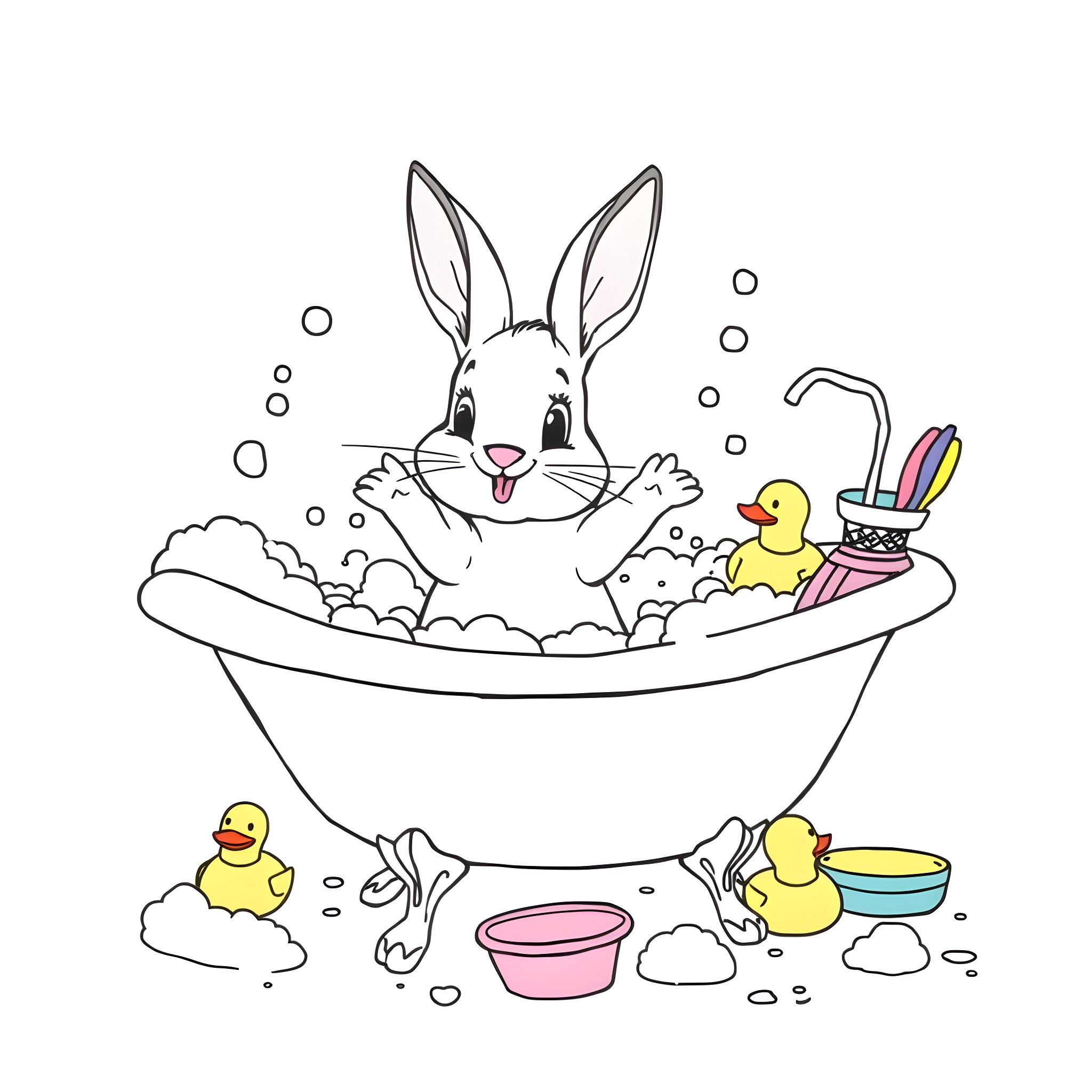 Bunny enjoying a bubbly bath with ducklings Coloring Page (free black-and-white line drawing printable PDF for all, from beginners to advanced learners, including children, teens, adults, and seniors)