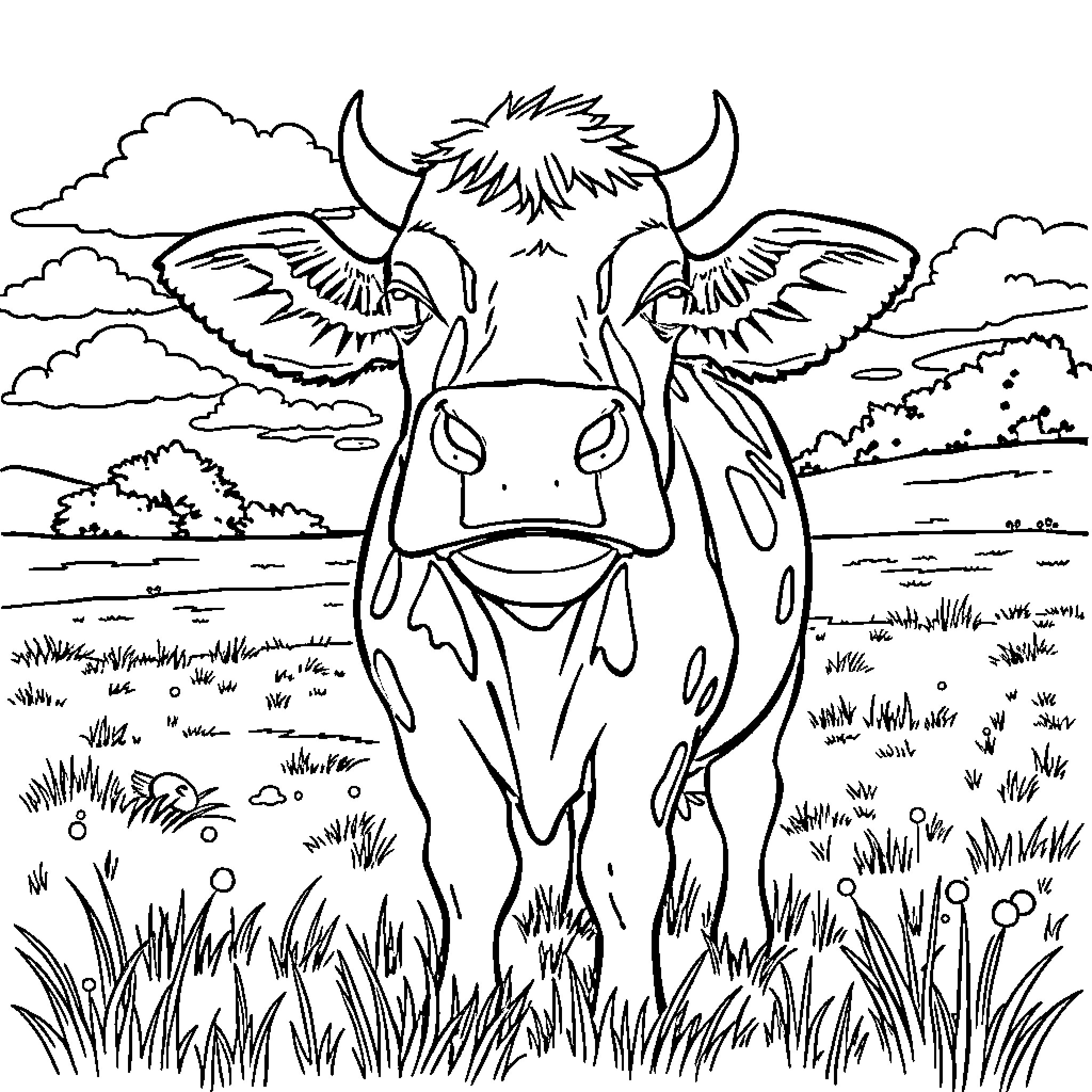 Cow standing in a grassy field with clouds Coloring Page (free black-and-white line drawing printable PDF for all, from beginners to advanced learners, including children, teens, adults, and seniors)