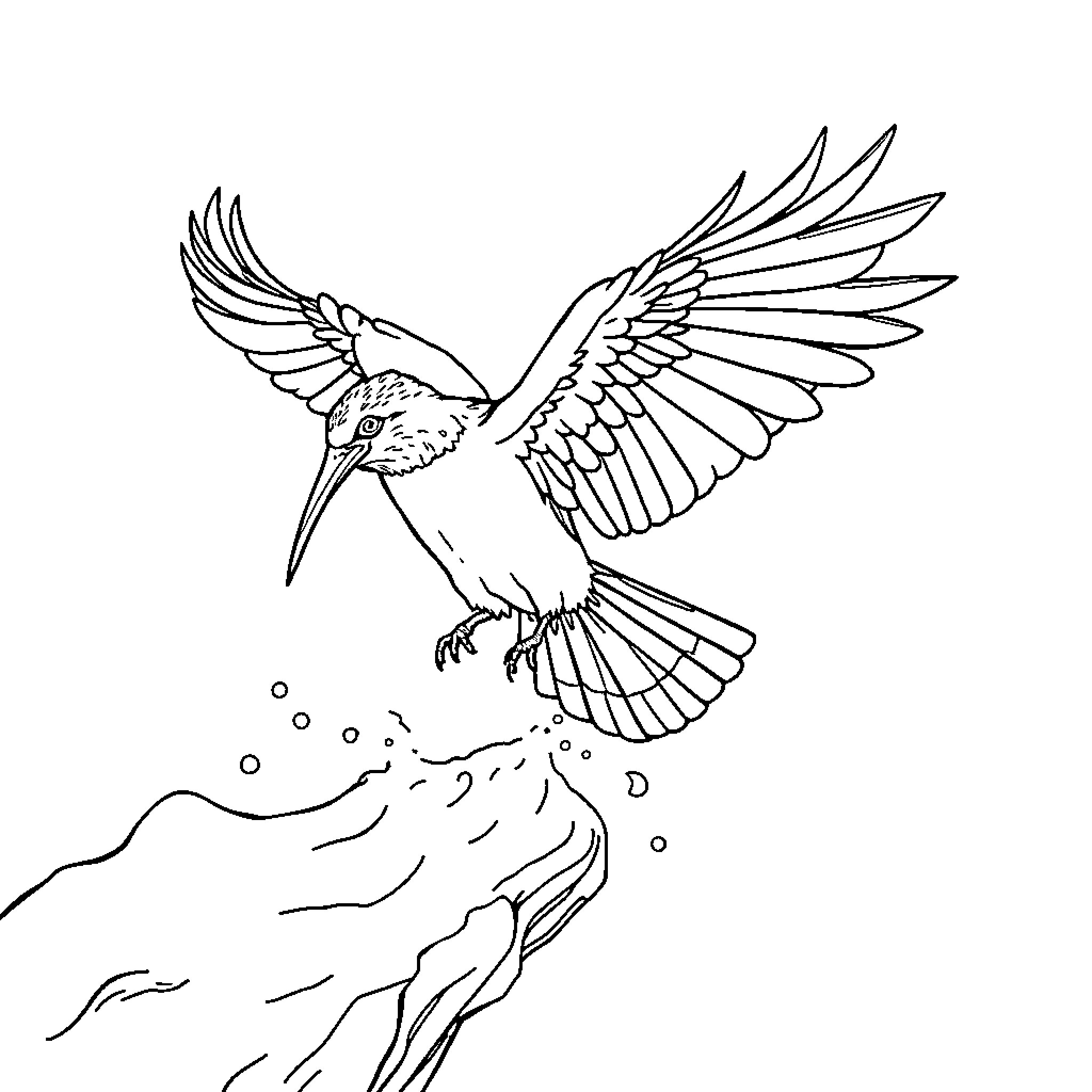 High Jump of Soaring Bird with Outstretched Wings Coloring Page (free black-and-white line drawing printable PDF for all, from beginners to advanced learners, including children, teens, adults, and seniors)