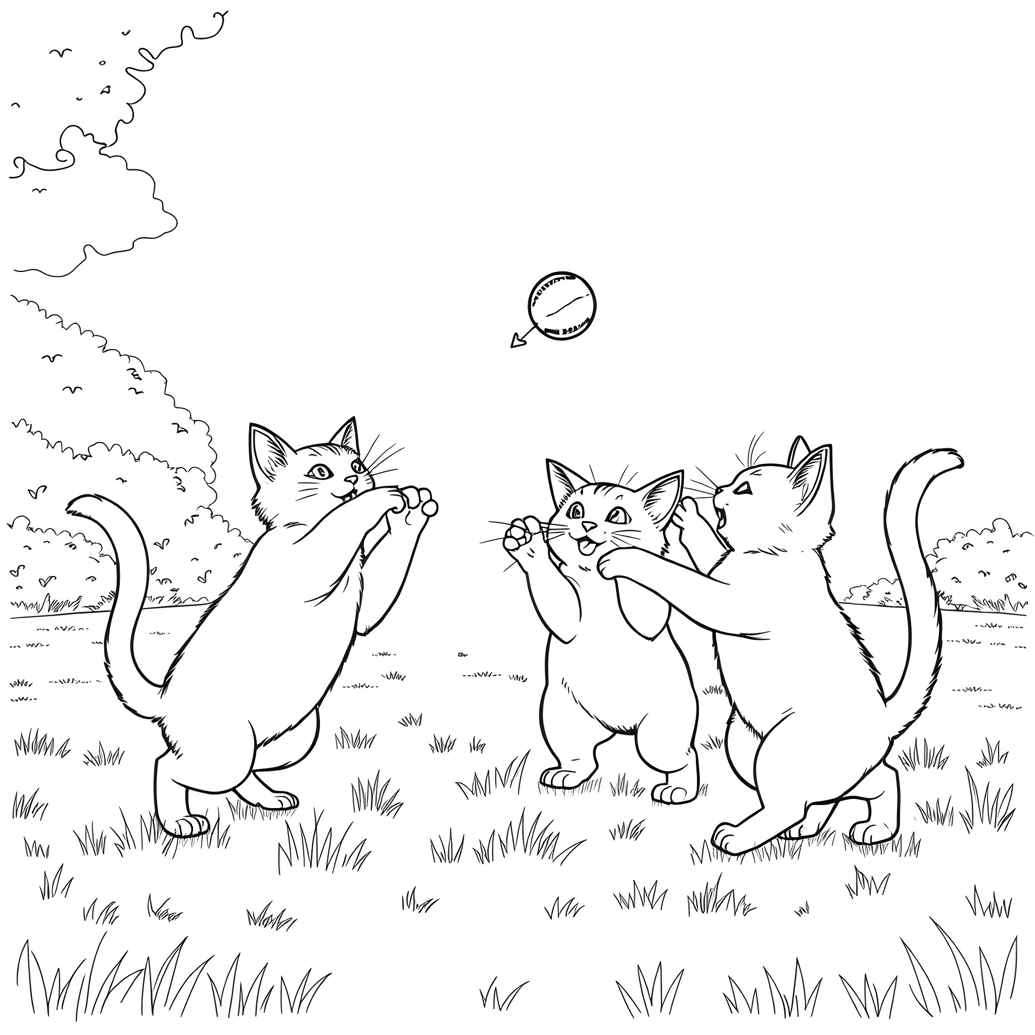 Cats playing with a ball in the field Coloring Page (free black-and-white line drawing printable PDF for all, from beginners to advanced learners, including children, teens, adults, and seniors)