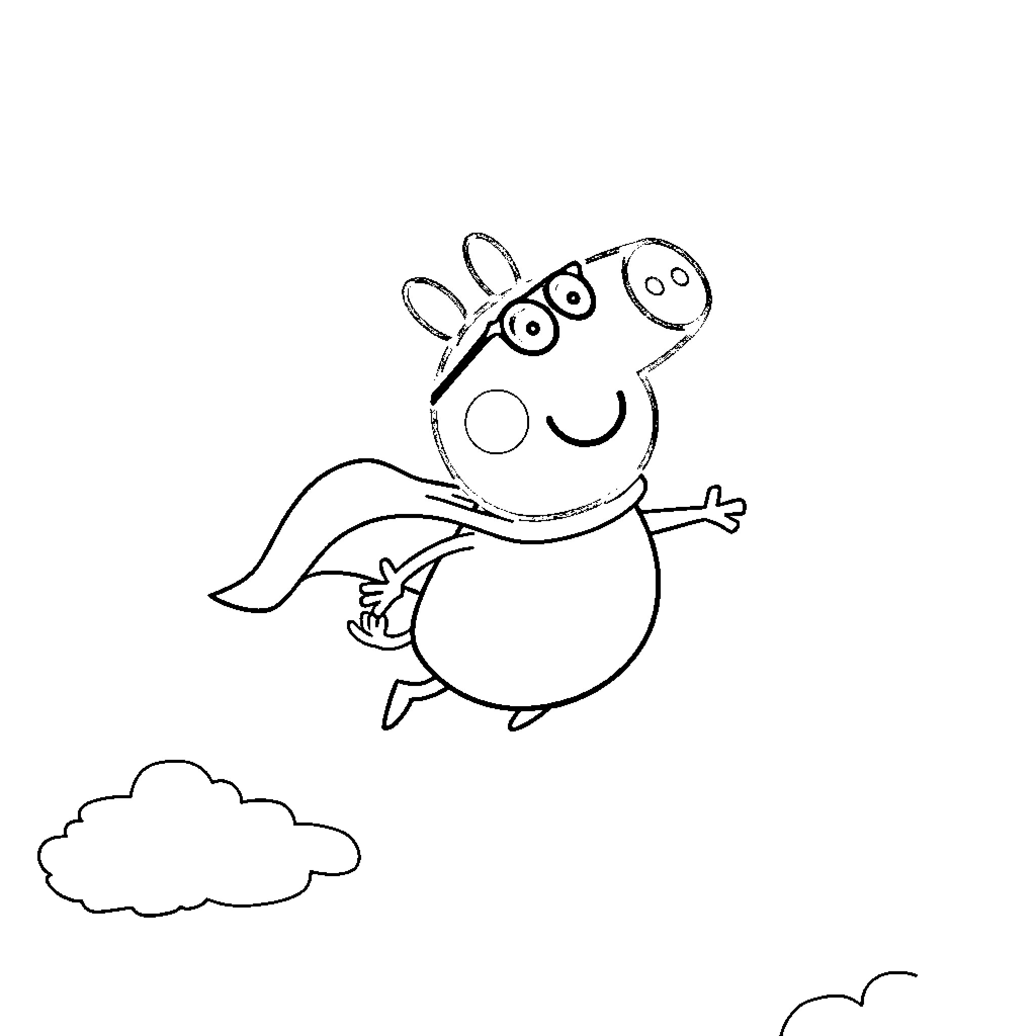 Peppa Pig flying happily in the sky Coloring Page (free black-and-white line drawing printable PDF for all, from beginners to advanced learners, including children, teens, adults, and seniors)