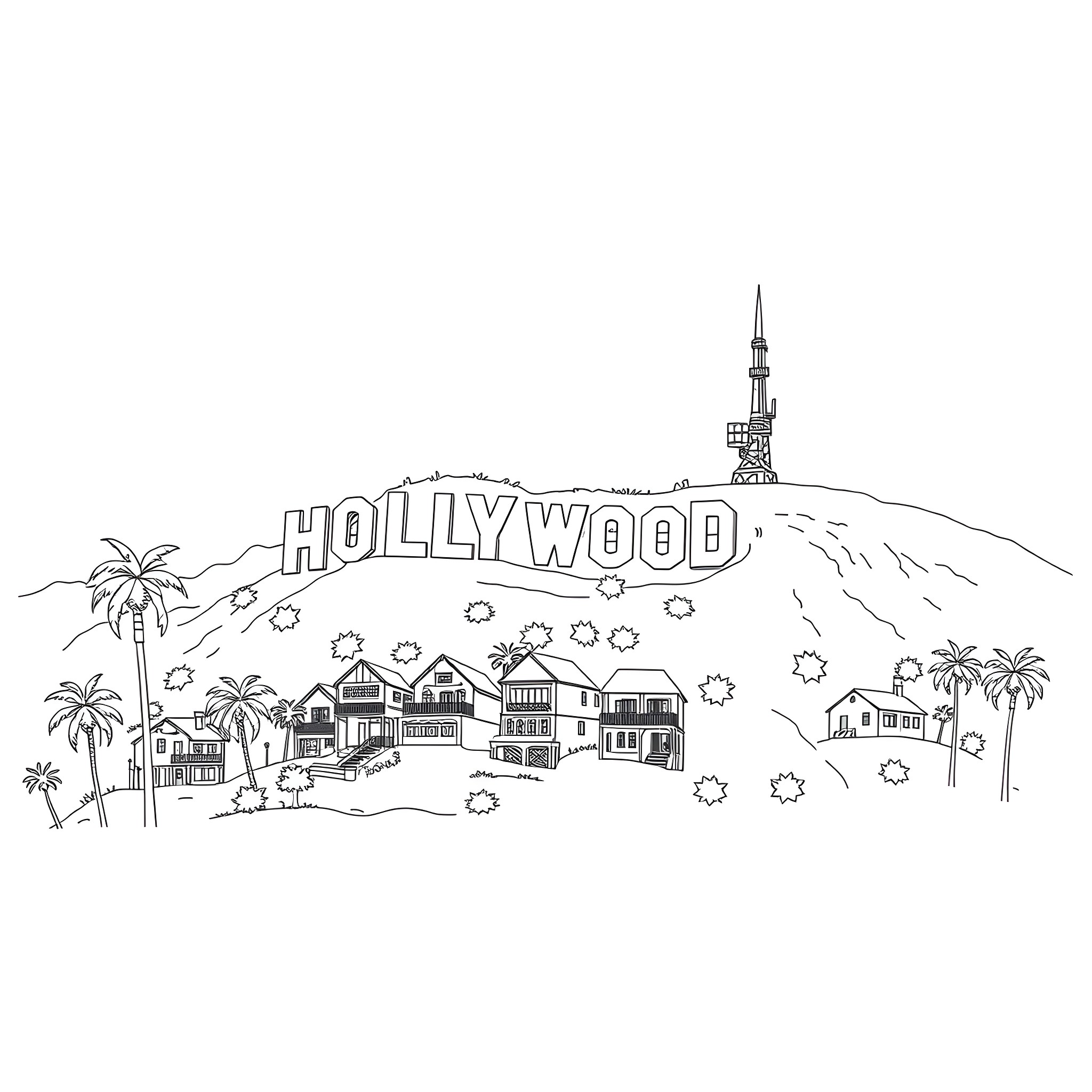 Hollywood Sign with Quaint Coastal Homes Coloring Page (free black-and-white line drawing printable PDF for all, from beginners to advanced learners, including children, teens, adults, and seniors)