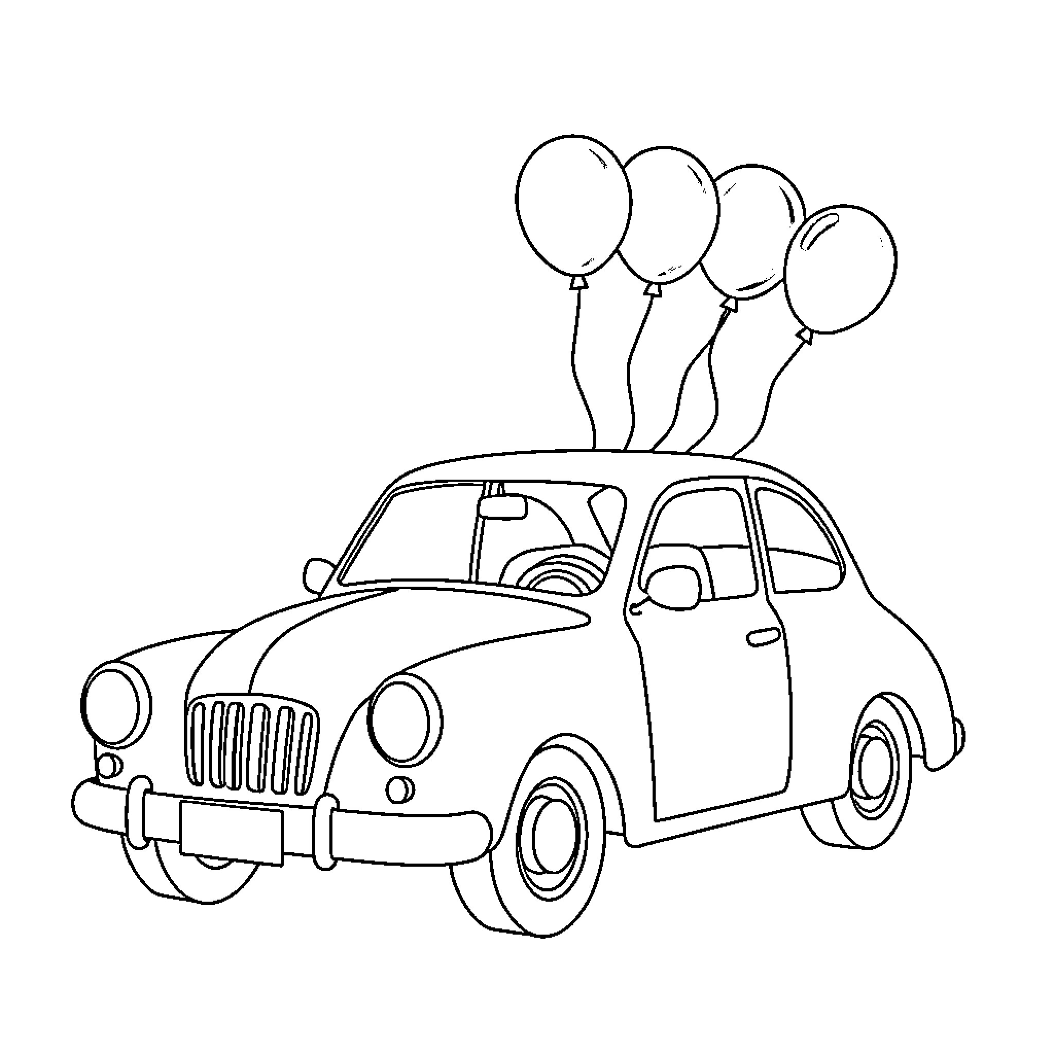 Car with Balloons Celebration Coloring Page (free black-and-white line drawing printable PDF for all, from beginners to advanced learners, including children, teens, adults, and seniors)