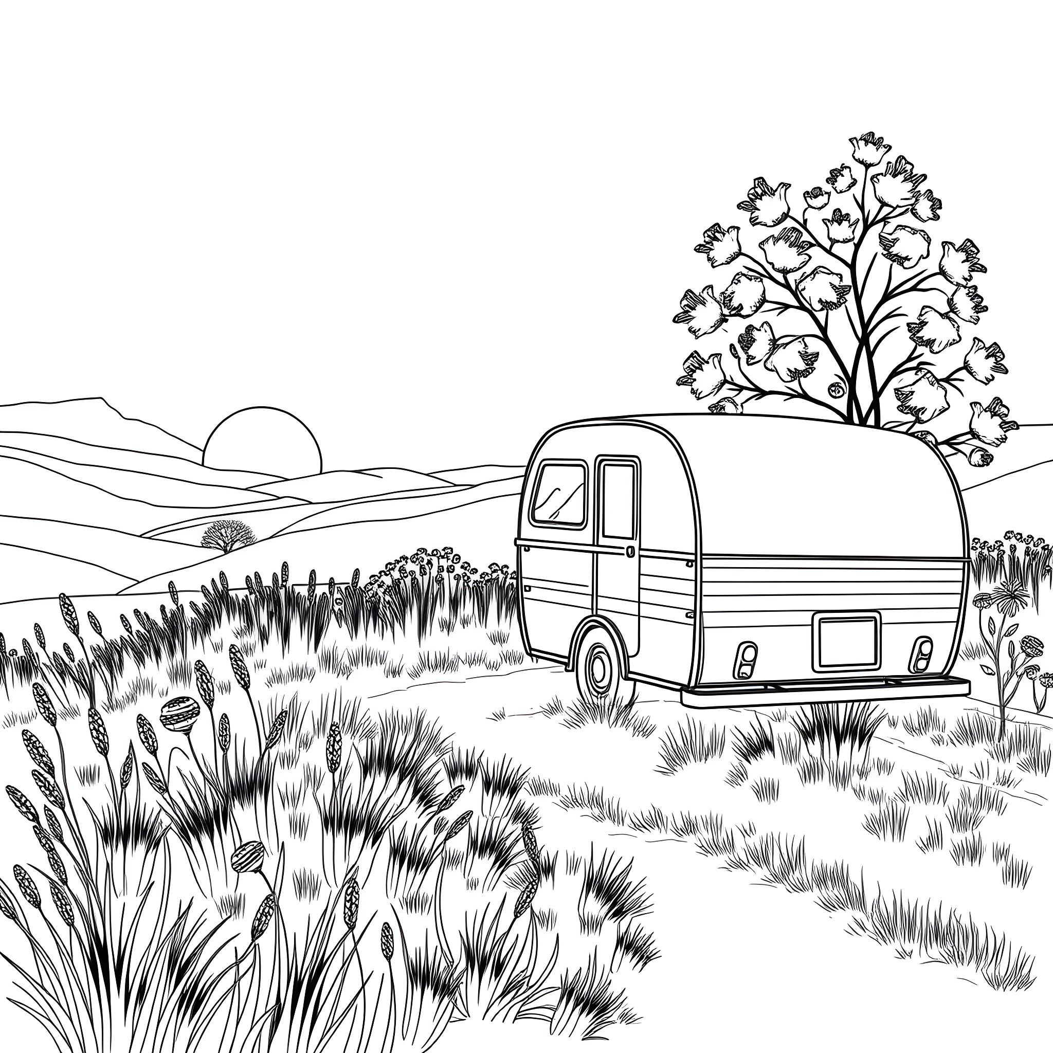 Car camper in serene countryside landscape Coloring Page (free black-and-white line drawing printable PDF for all, from beginners to advanced learners, including children, teens, adults, and seniors)