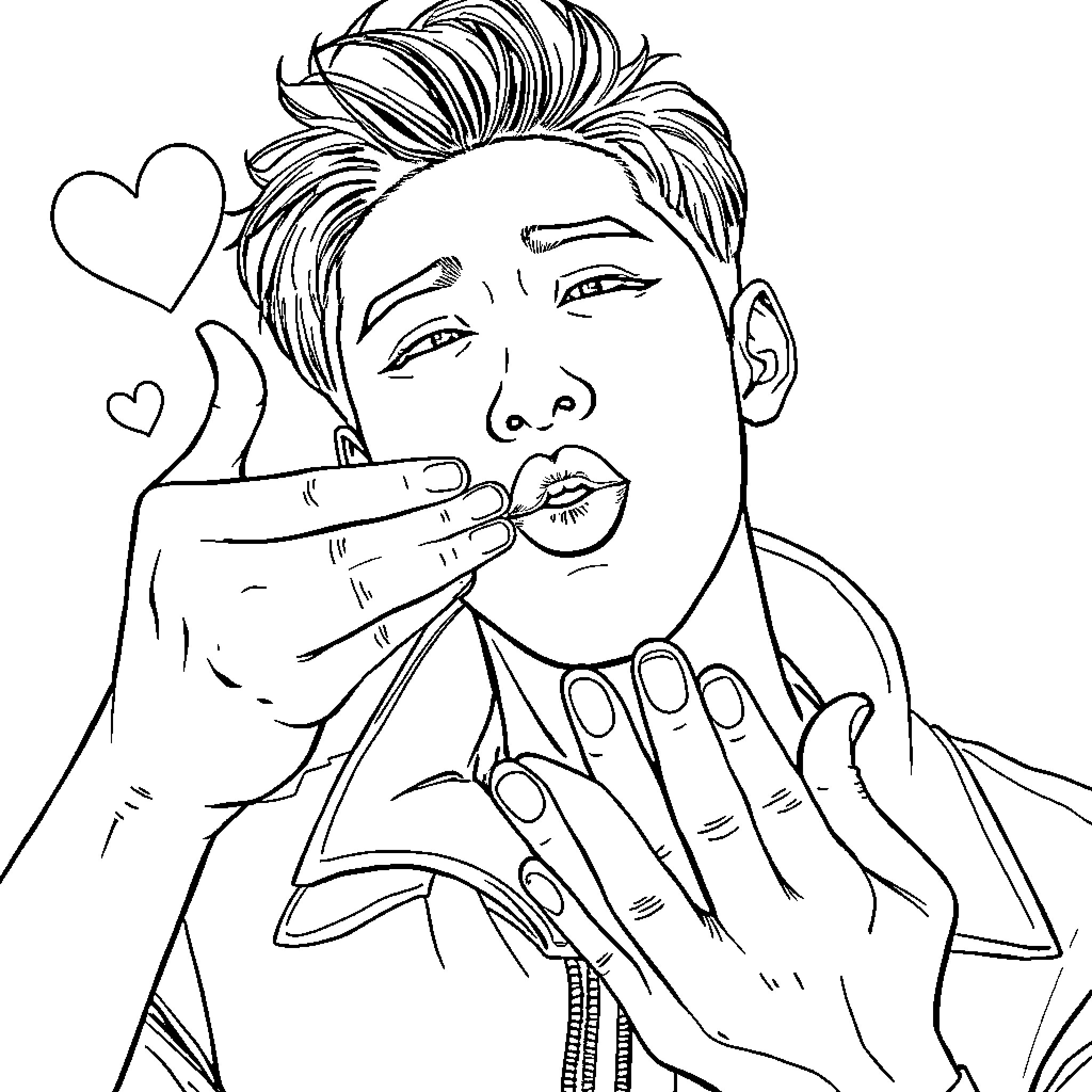 Hyun Bin blowing a kiss with flirtatious expression Coloring Page (free black-and-white line drawing printable PDF for all, from beginners to advanced learners, including children, teens, adults, and seniors)
