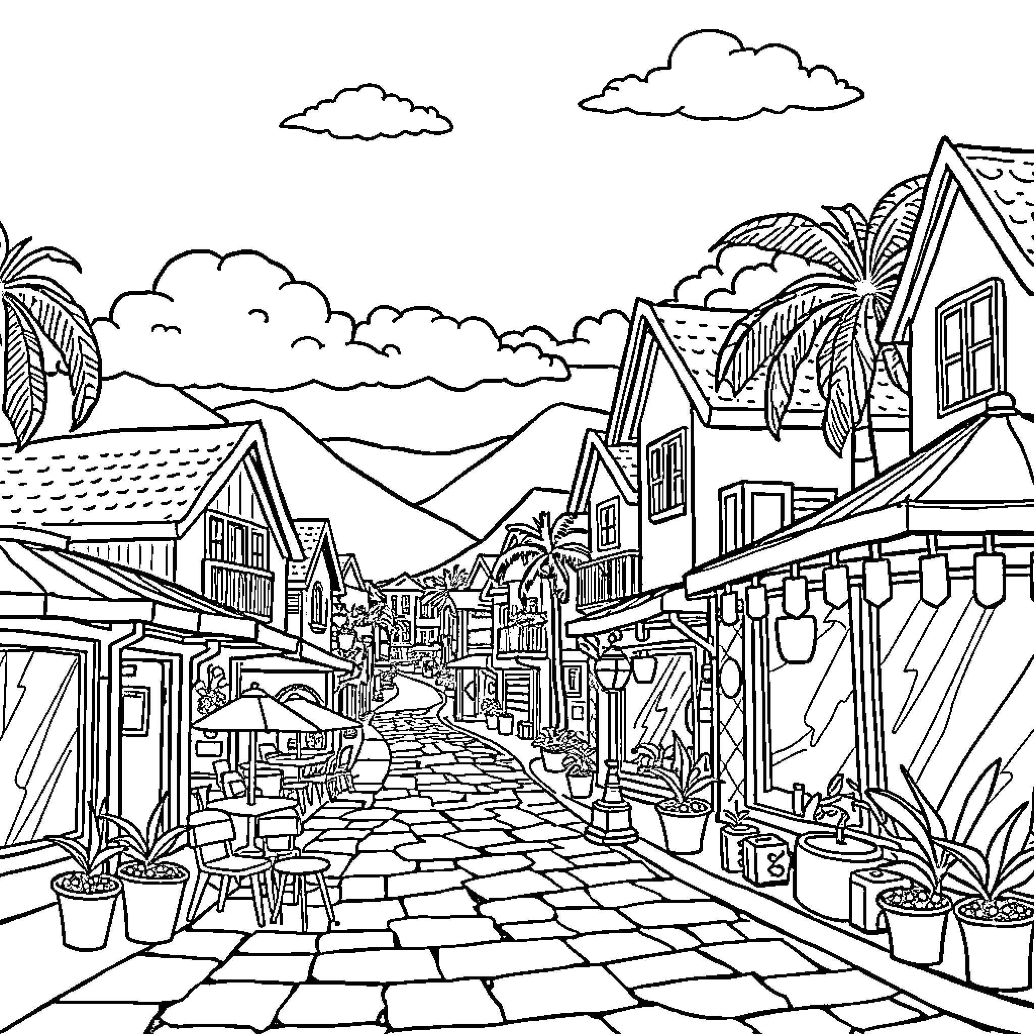 Maribel's Tropical Island Adventure Coloring Page (free black-and-white line drawing printable PDF for all, from beginners to advanced learners, including children, teens, adults, and seniors)