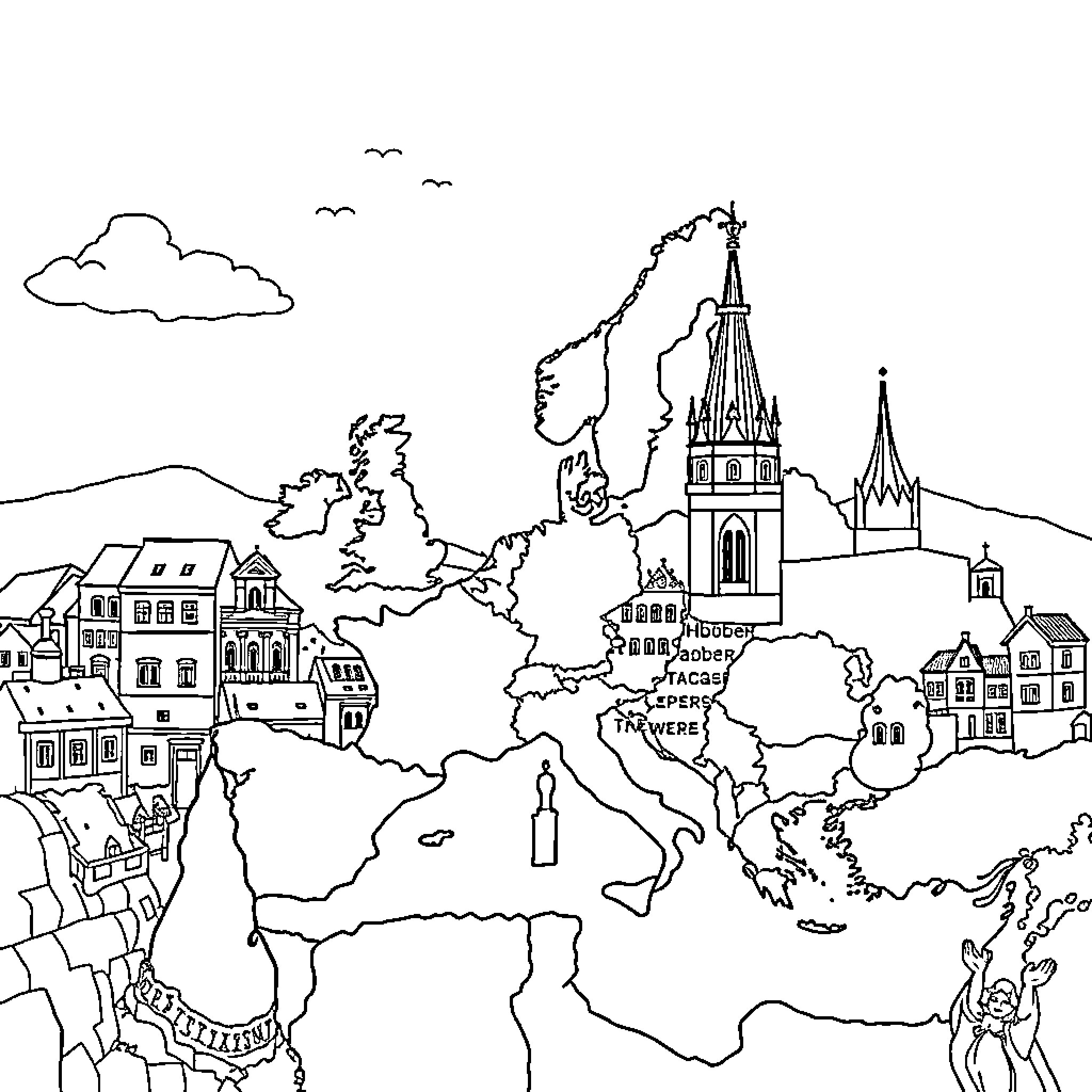 Europe's architectural landmarks and geography in outline Coloring Page (free black-and-white line drawing printable PDF for all, from beginners to advanced learners, including children, teens, adults, and seniors)