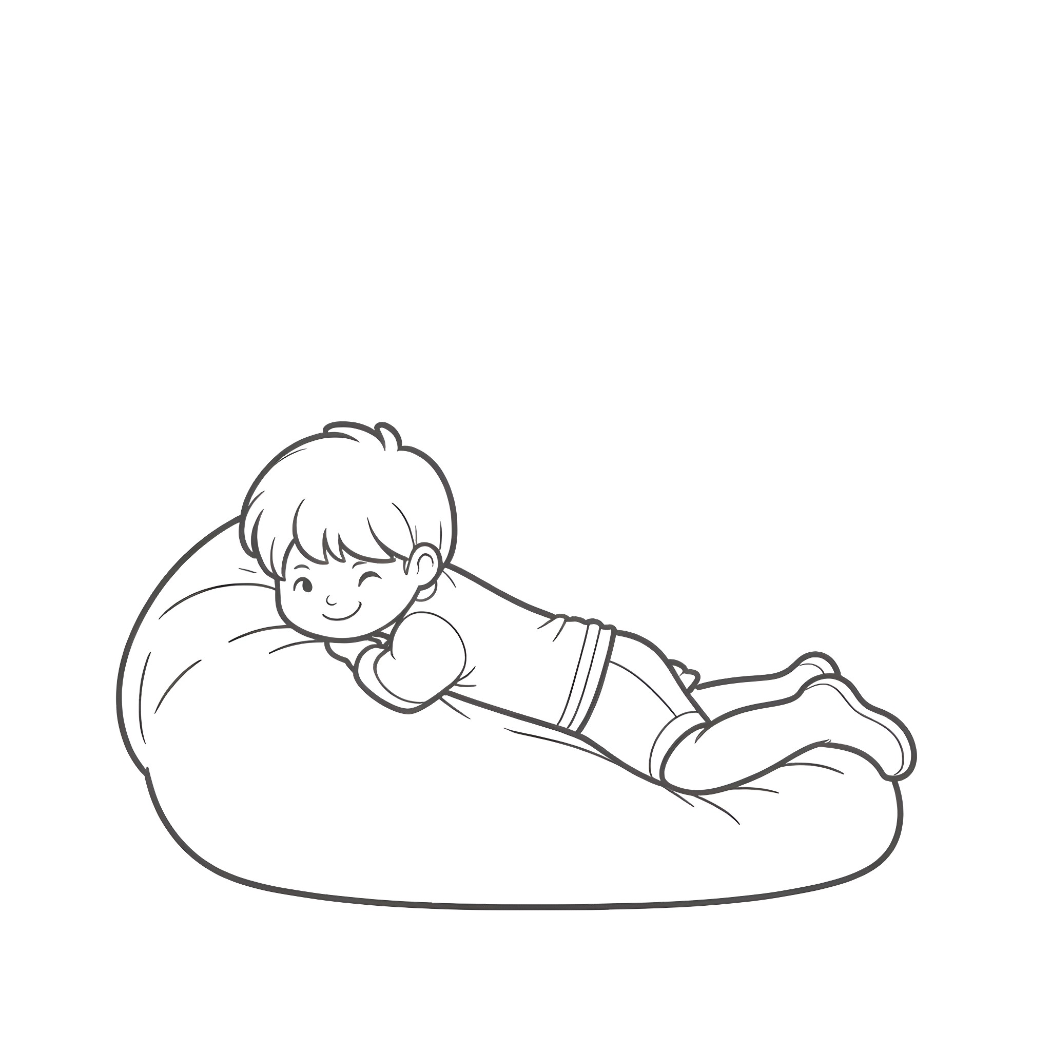 Boy relaxing on a comfortable beanbag Coloring Page (free black-and-white line drawing printable PDF for all, from beginners to advanced learners, including children, teens, adults, and seniors)