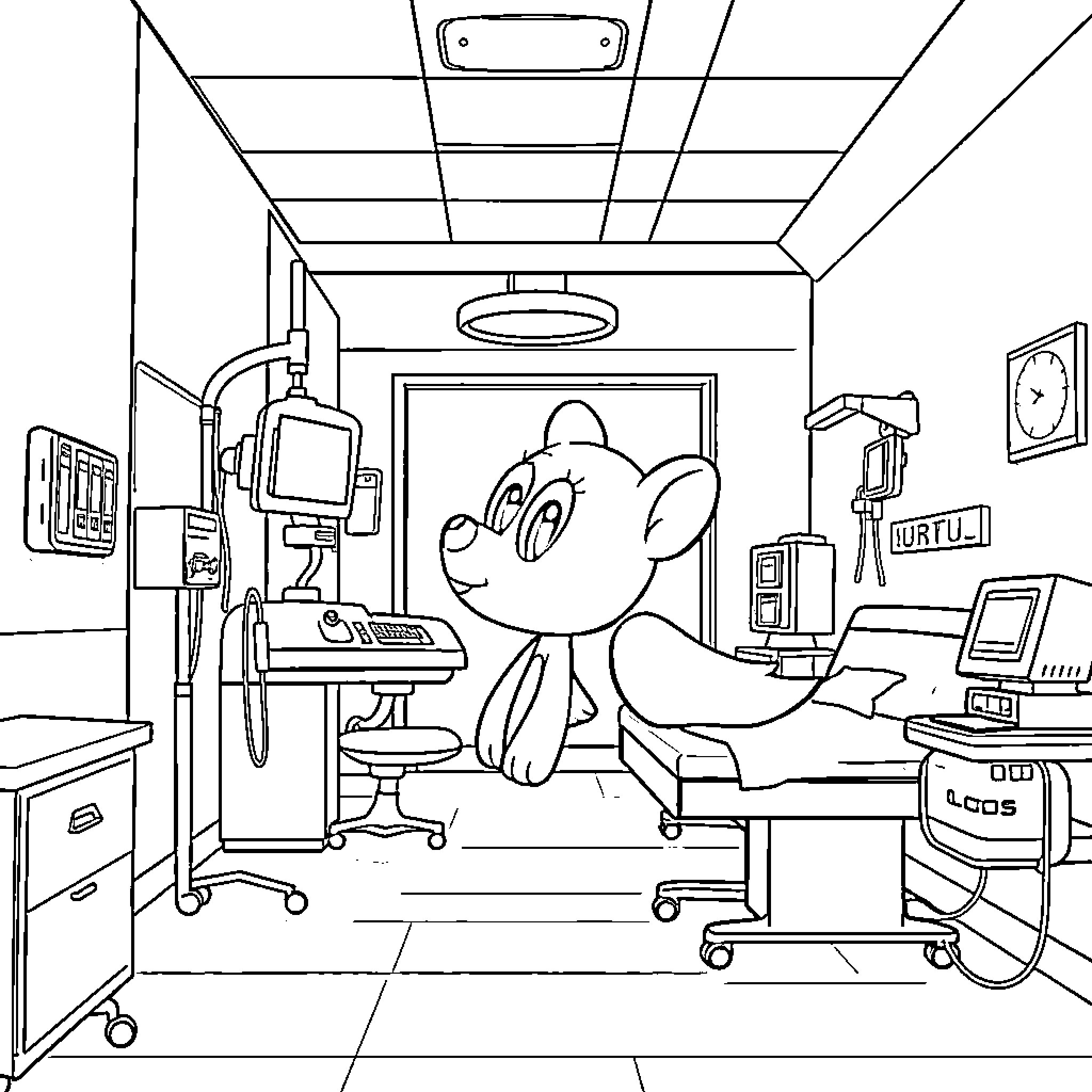 Bluey exploring a medical office Coloring Page (free black-and-white line drawing printable PDF for all, from beginners to advanced learners, including children, teens, adults, and seniors)