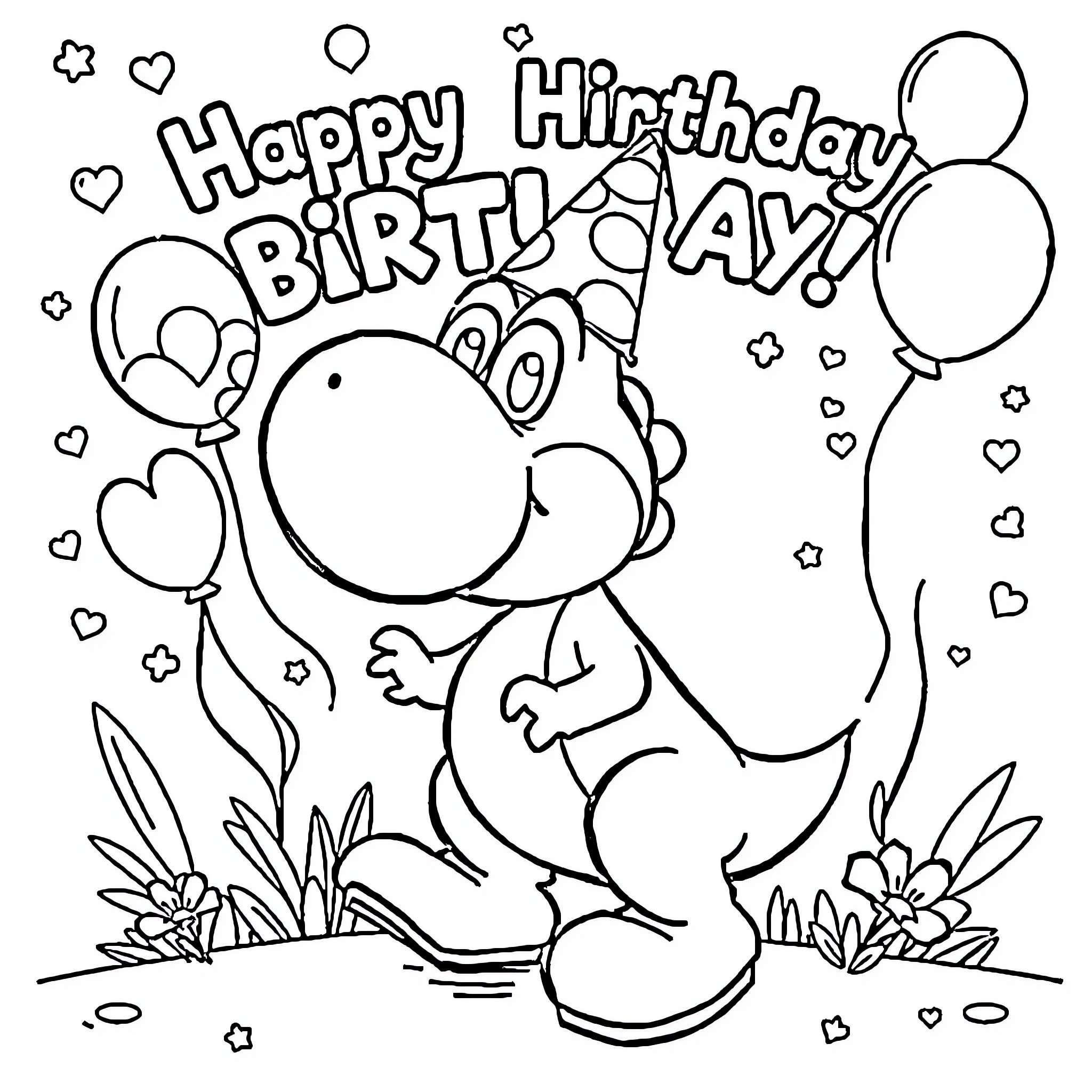 Yoshi's Happy Birthday Celebration Coloring Page (free black-and-white line drawing printable PDF for all, from beginners to advanced learners, including children, teens, adults, and seniors)