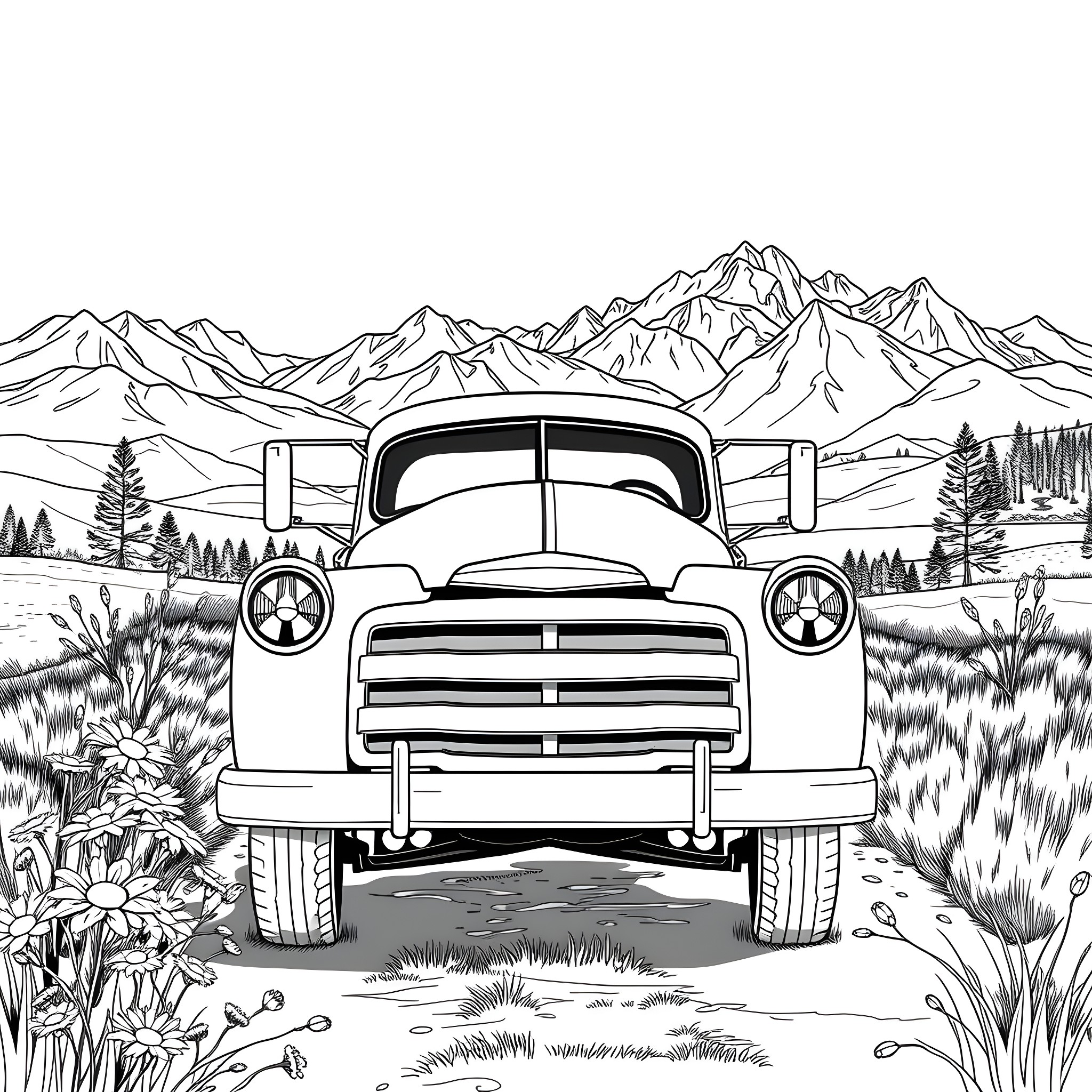 Truck in the Mountain Wilderness Coloring Page (free black-and-white line drawing printable PDF for all, from beginners to advanced learners, including children, teens, adults, and seniors)