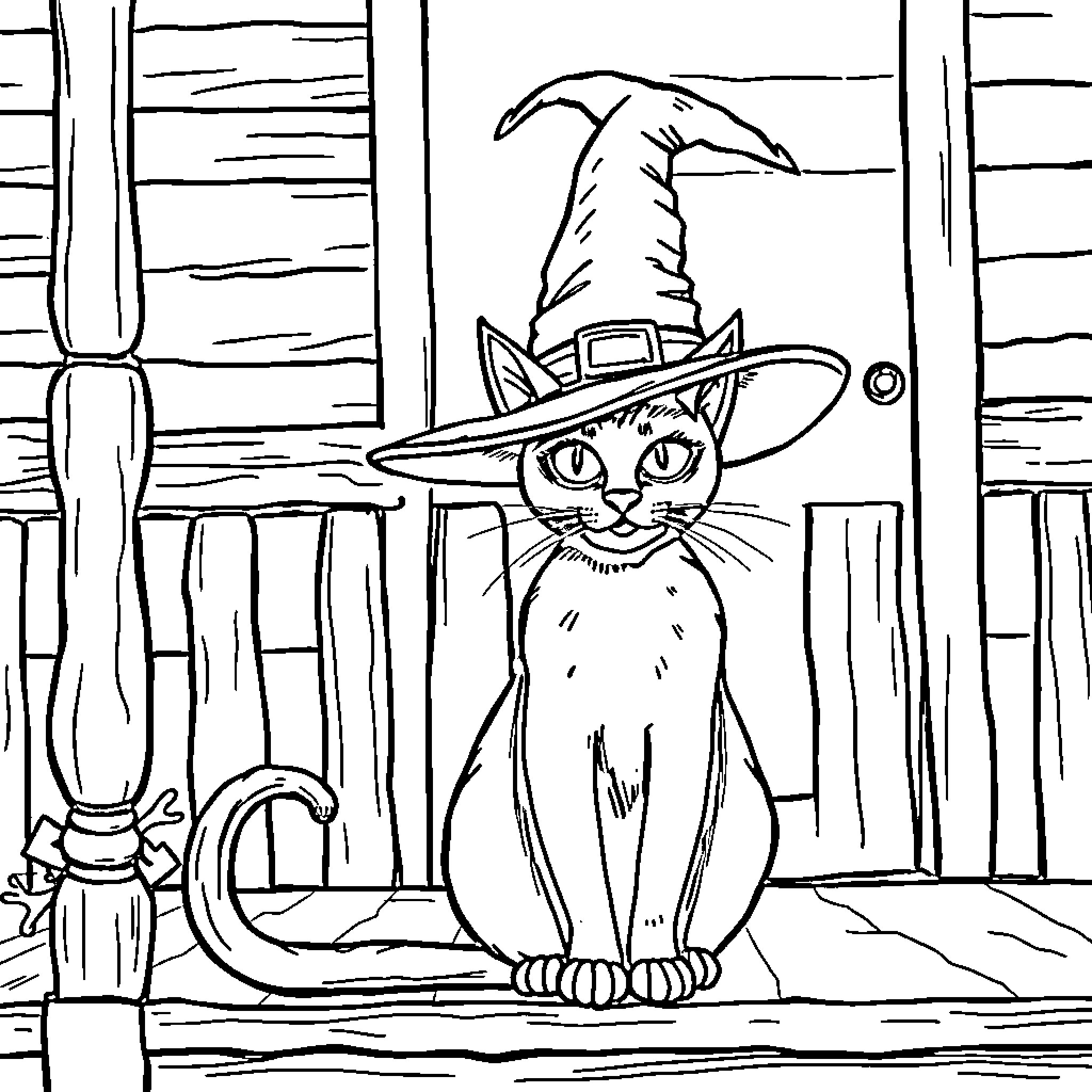 Cat wearing a witch hat in a spooky house Coloring Page (free black-and-white line drawing printable PDF for all, from beginners to advanced learners, including children, teens, adults, and seniors)