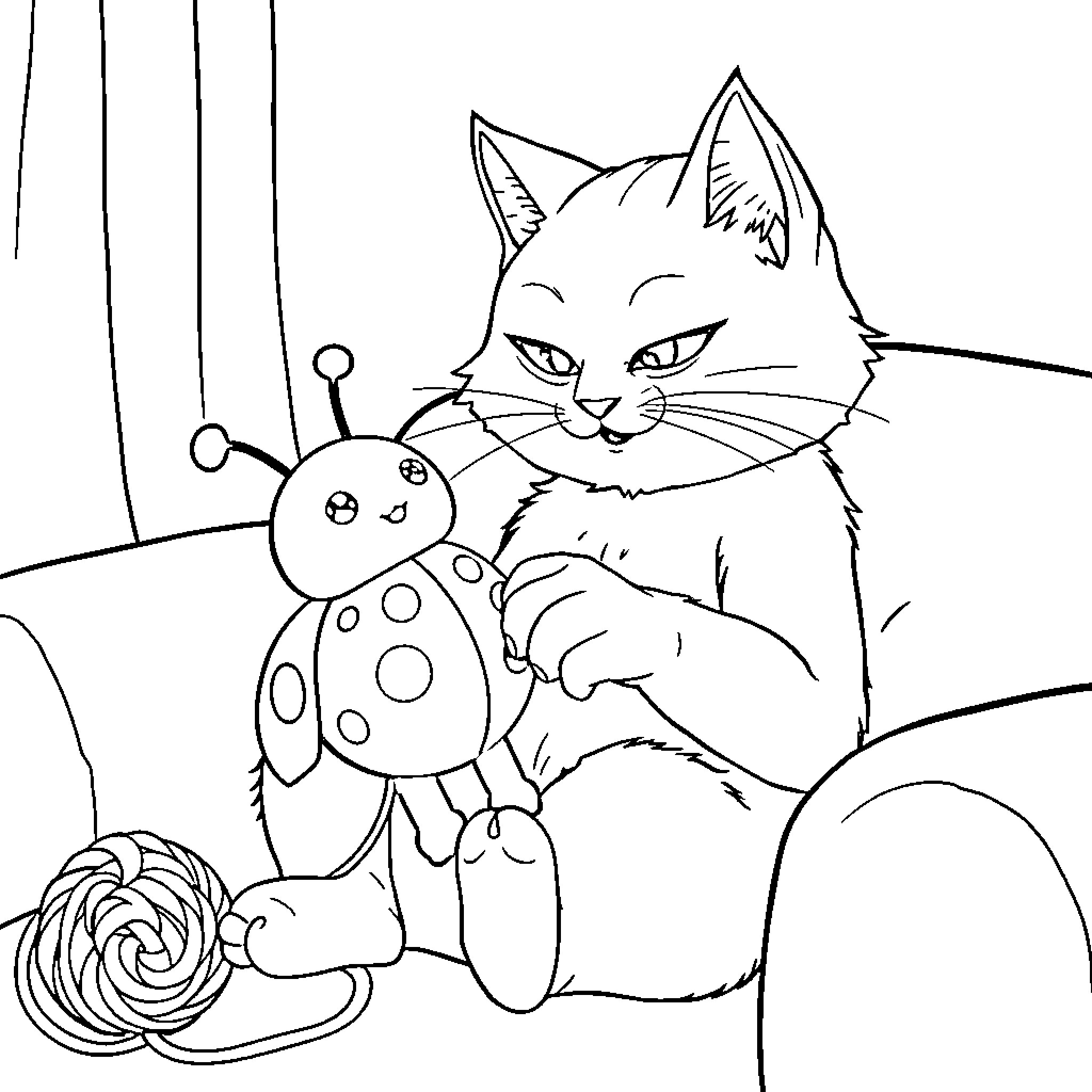 Cat Noir Playing with Ladybug Toy Coloring Page (free black-and-white line drawing printable PDF for all, from beginners to advanced learners, including children, teens, adults, and seniors)