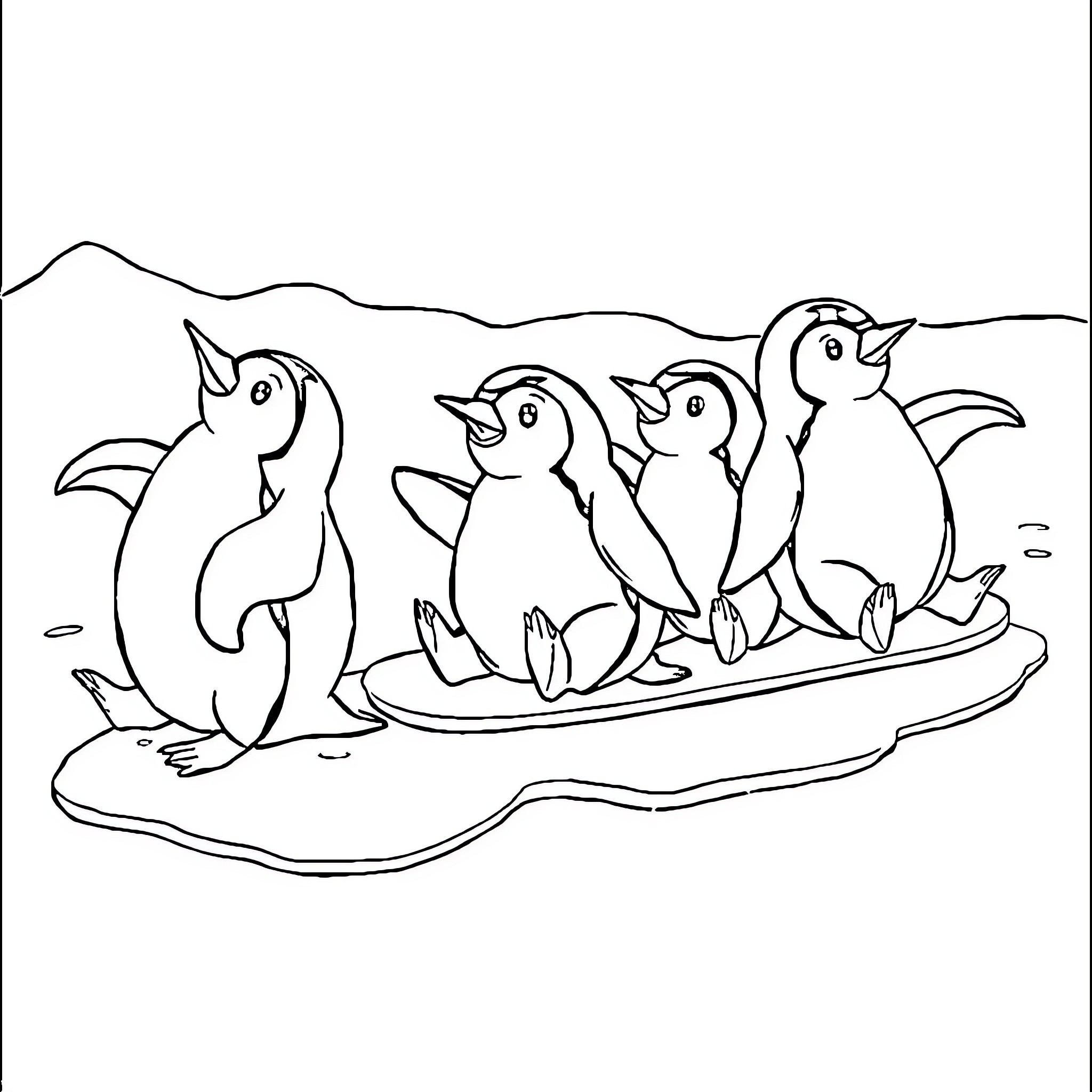 Penguins relaxing on an ice floe Coloring Page (free black-and-white line drawing printable PDF for all, from beginners to advanced learners, including children, teens, adults, and seniors)