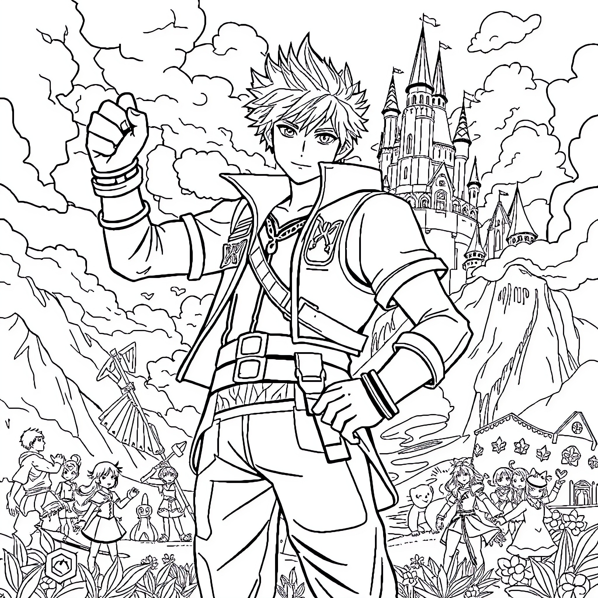 Jensen Ackles as heroic figure in fantastical scene Coloring Page (free black-and-white line drawing printable PDF for all, from beginners to advanced learners, including children, teens, adults, and seniors)