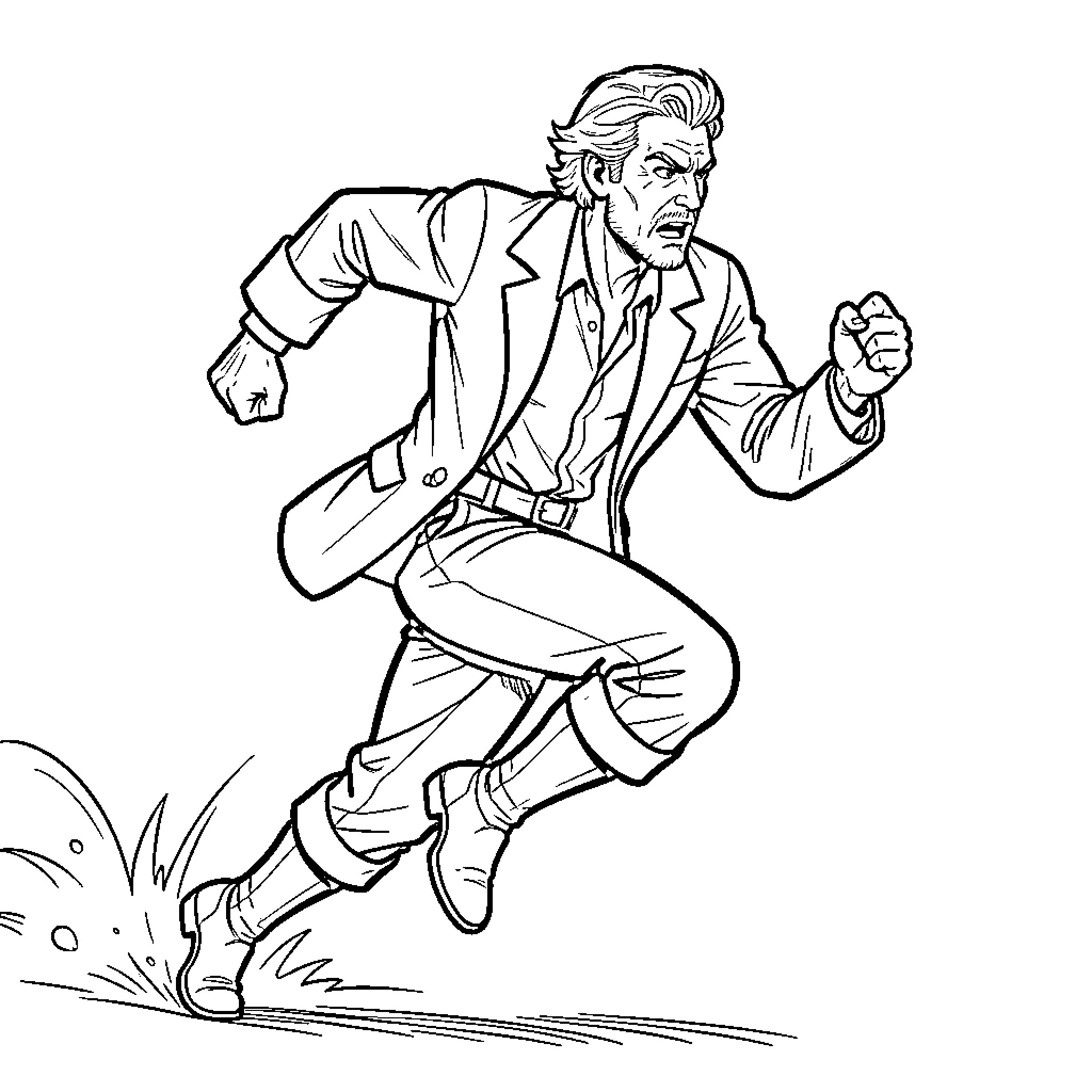 Flashman running intensely with a determined expression Coloring Page (free black-and-white line drawing printable PDF for all, from beginners to advanced learners, including children, teens, adults, and seniors)