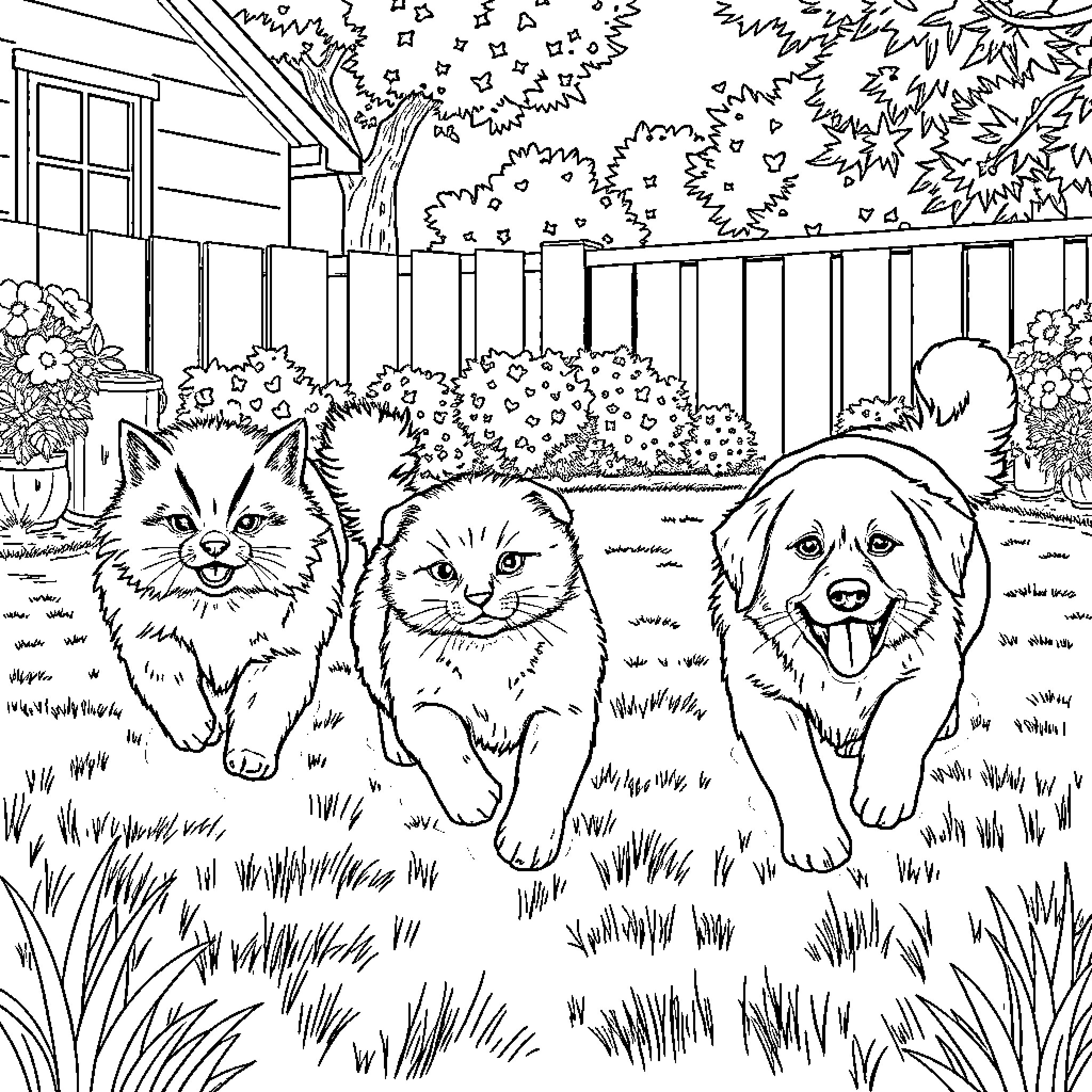 Cat friends in the garden Coloring Page (free black-and-white line drawing printable PDF for all, from beginners to advanced learners, including children, teens, adults, and seniors)