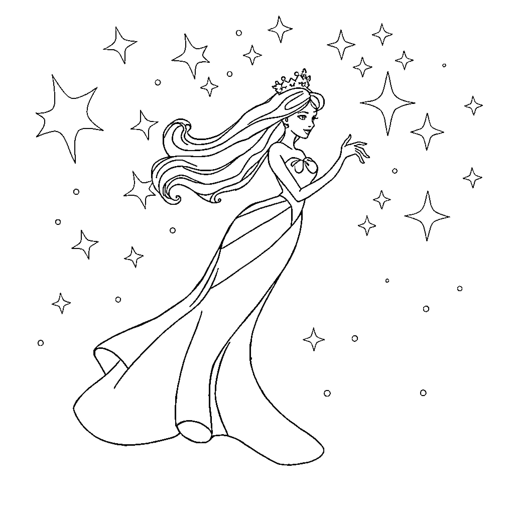 Princess dancing among the stars Coloring Page (free black-and-white line drawing printable PDF for all, from beginners to advanced learners, including children, teens, adults, and seniors)