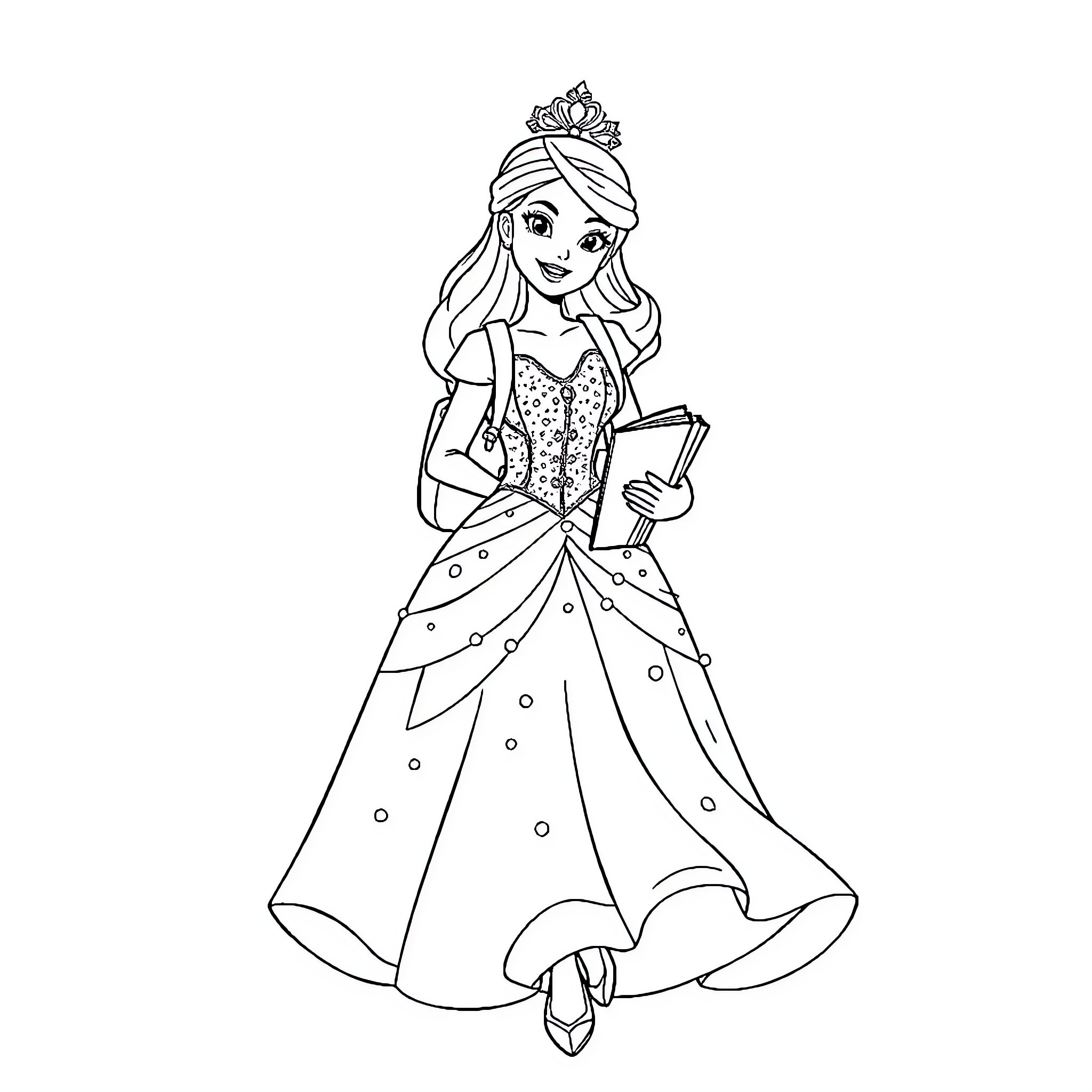Princess in Regal Attire Holding a Book Coloring Page (free black-and-white line drawing printable PDF for all, from beginners to advanced learners, including children, teens, adults, and seniors)
