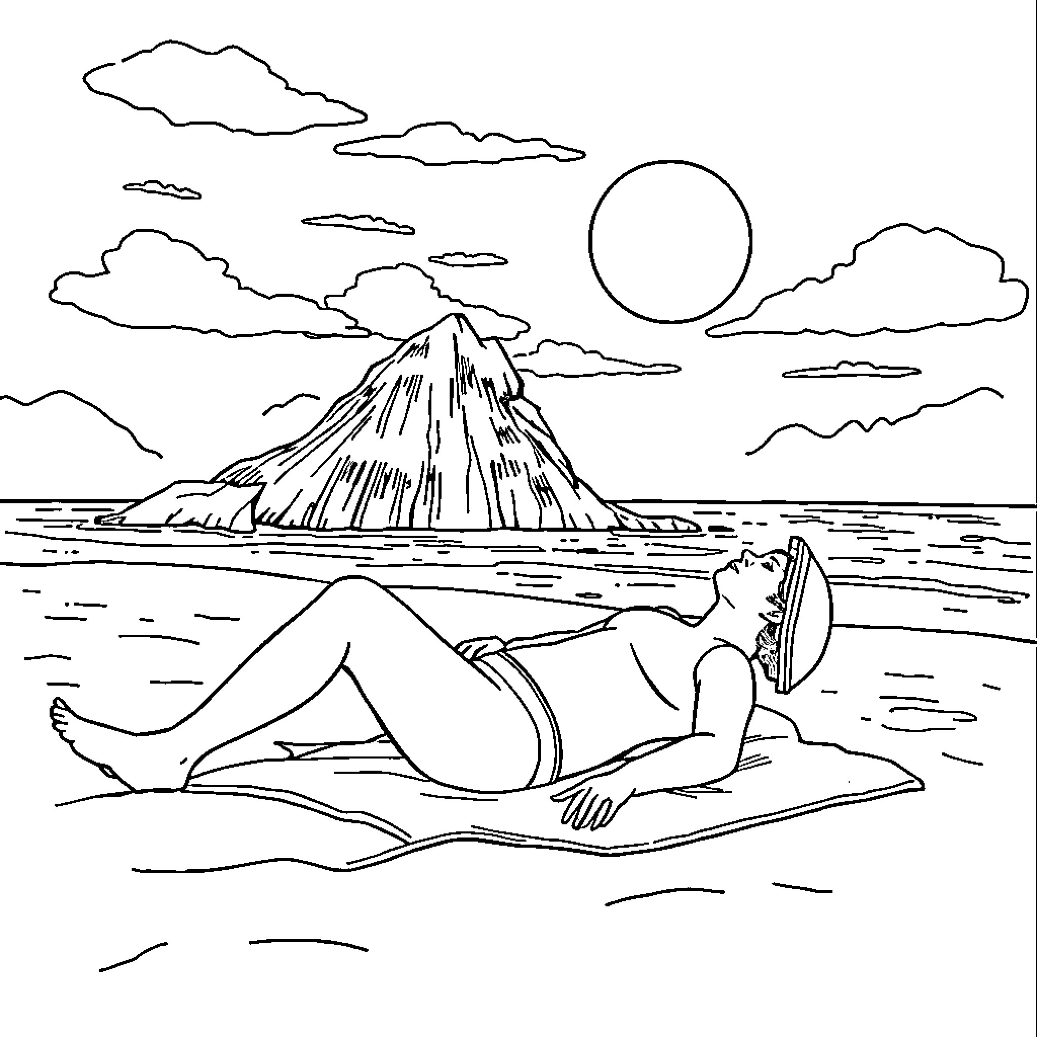 Balkoth's serene beach scene with a lone figure Coloring Page (free black-and-white line drawing printable PDF for all, from beginners to advanced learners, including children, teens, adults, and seniors)