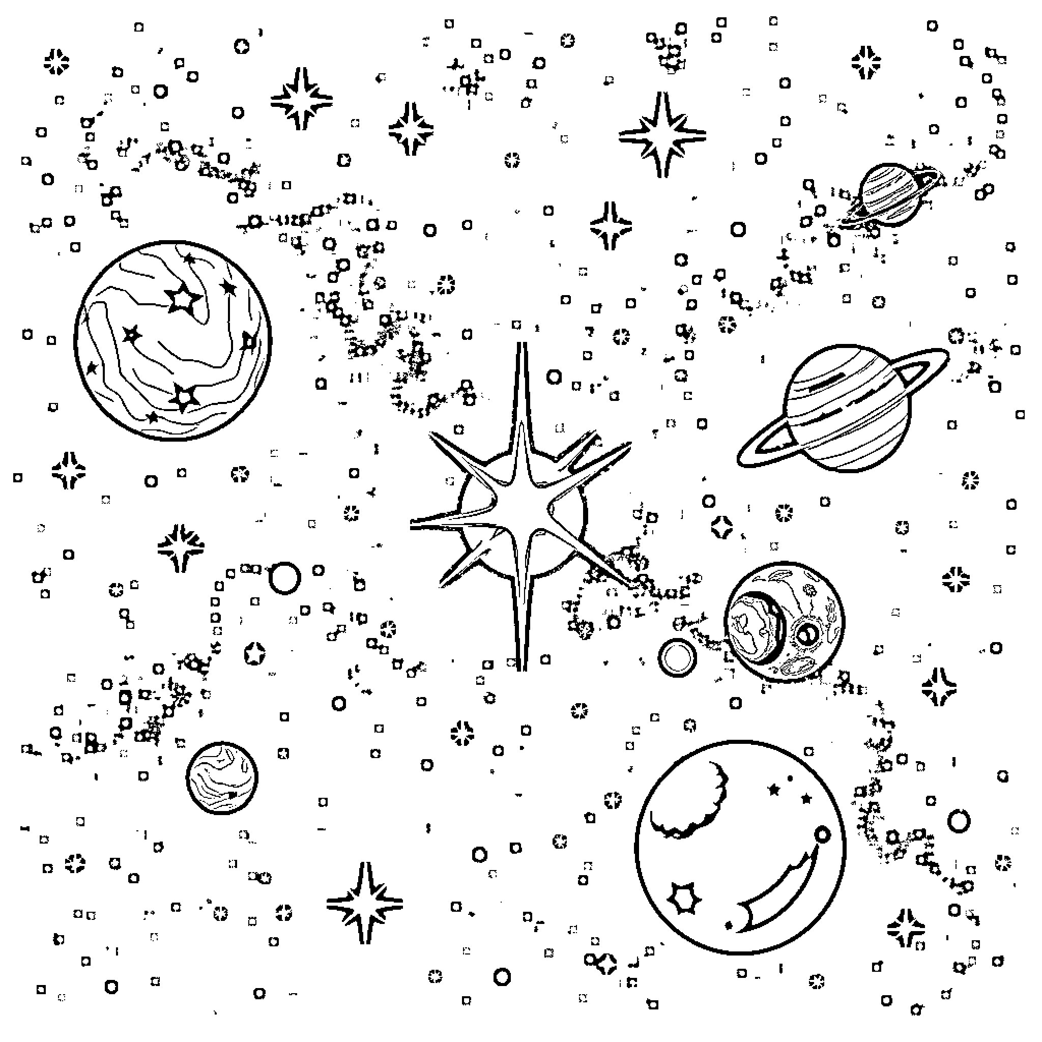 Space Exploration with Celestial Wonders Coloring Page (free black-and-white line drawing printable PDF for all, from beginners to advanced learners, including children, teens, adults, and seniors)