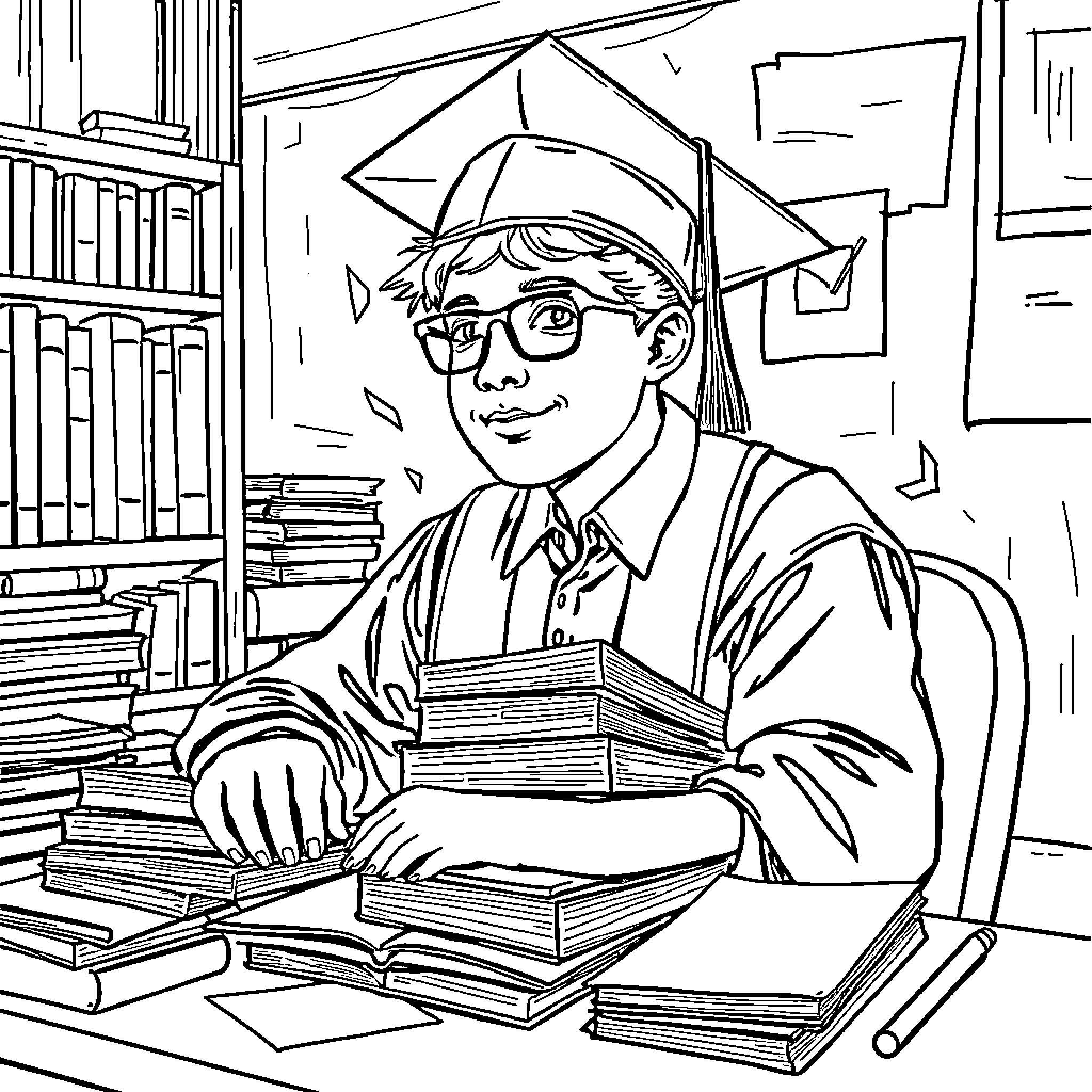 Graduate Student Studying Diligently in Library Coloring Page (free black-and-white line drawing printable PDF for all, from beginners to advanced learners, including children, teens, adults, and seniors)