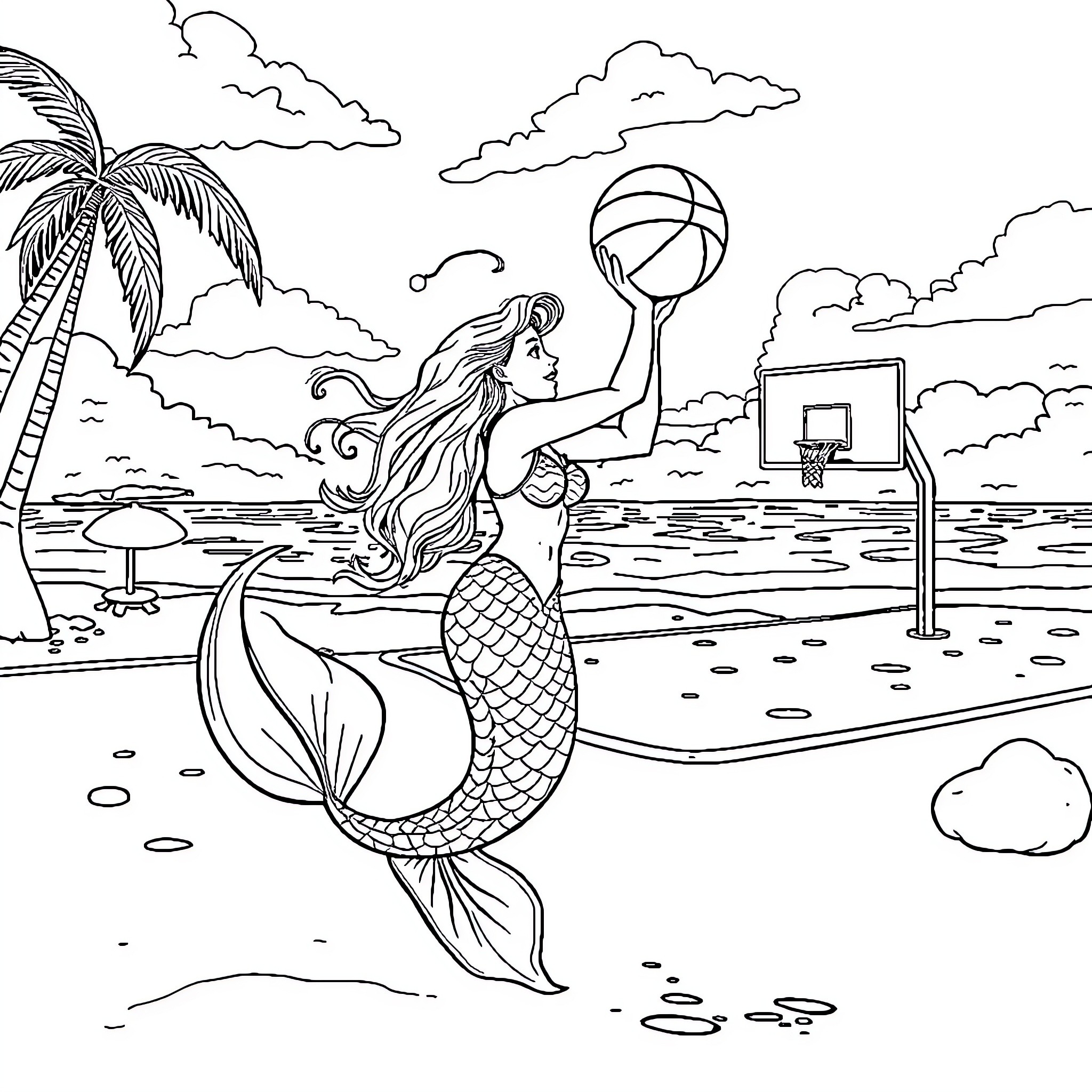 Mermaid playing basketball on the beach Coloring Page (free black-and-white line drawing printable PDF for all, from beginners to advanced learners, including children, teens, adults, and seniors)
