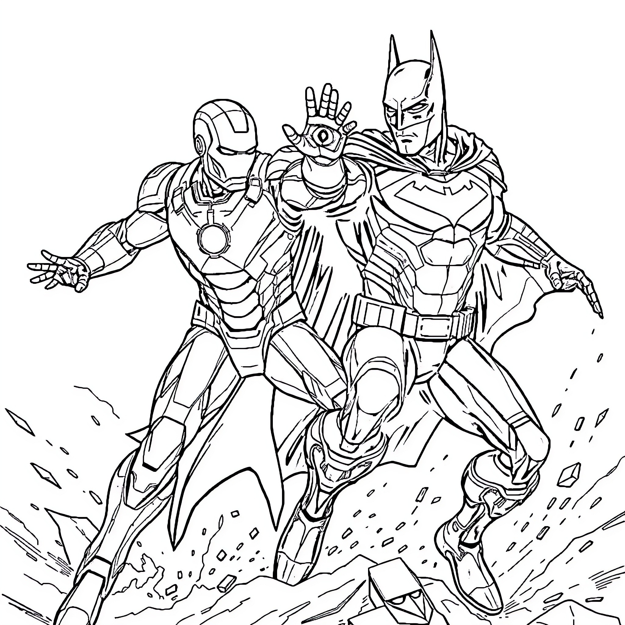 Ironman and Batman take action in epic battle Coloring Page (free black-and-white line drawing printable PDF for all, from beginners to advanced learners, including children, teens, adults, and seniors)
