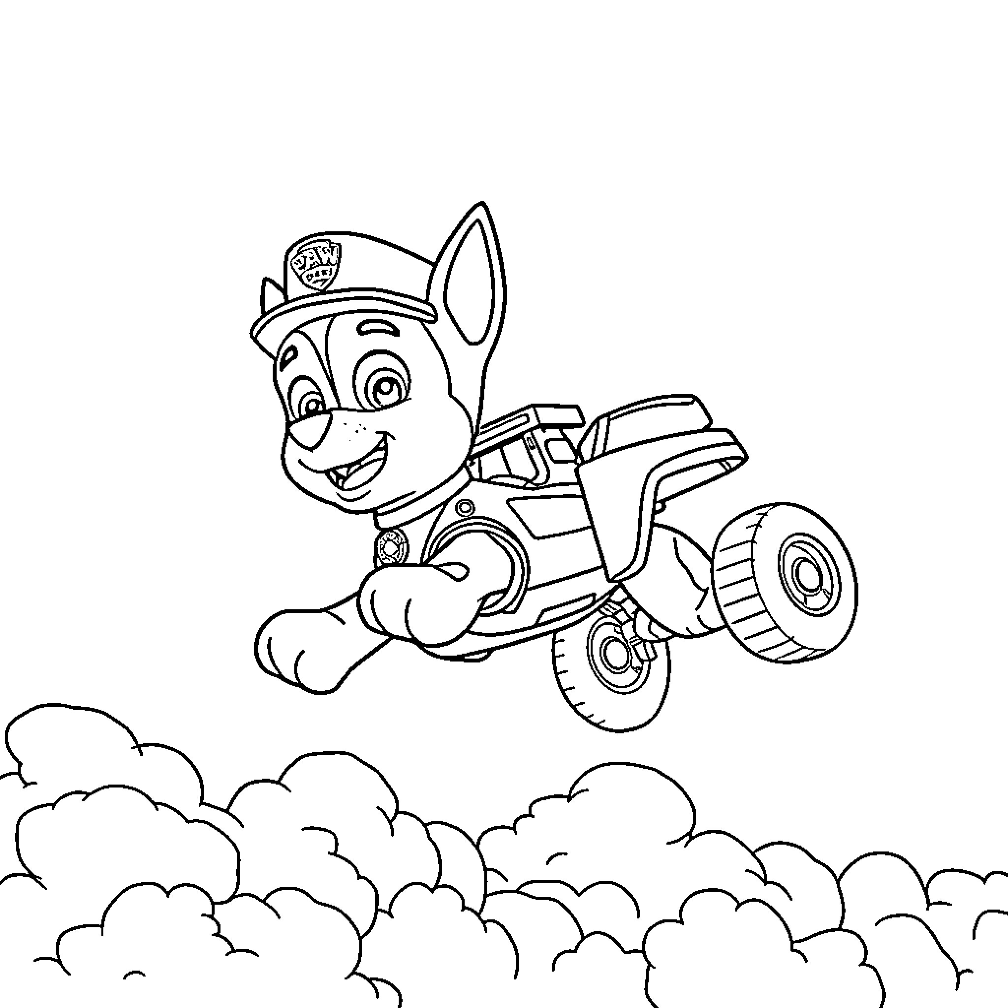 Chase riding action-packed pup vehicle through clouds Coloring Page (free black-and-white line drawing printable PDF for all, from beginners to advanced learners, including children, teens, adults, and seniors)