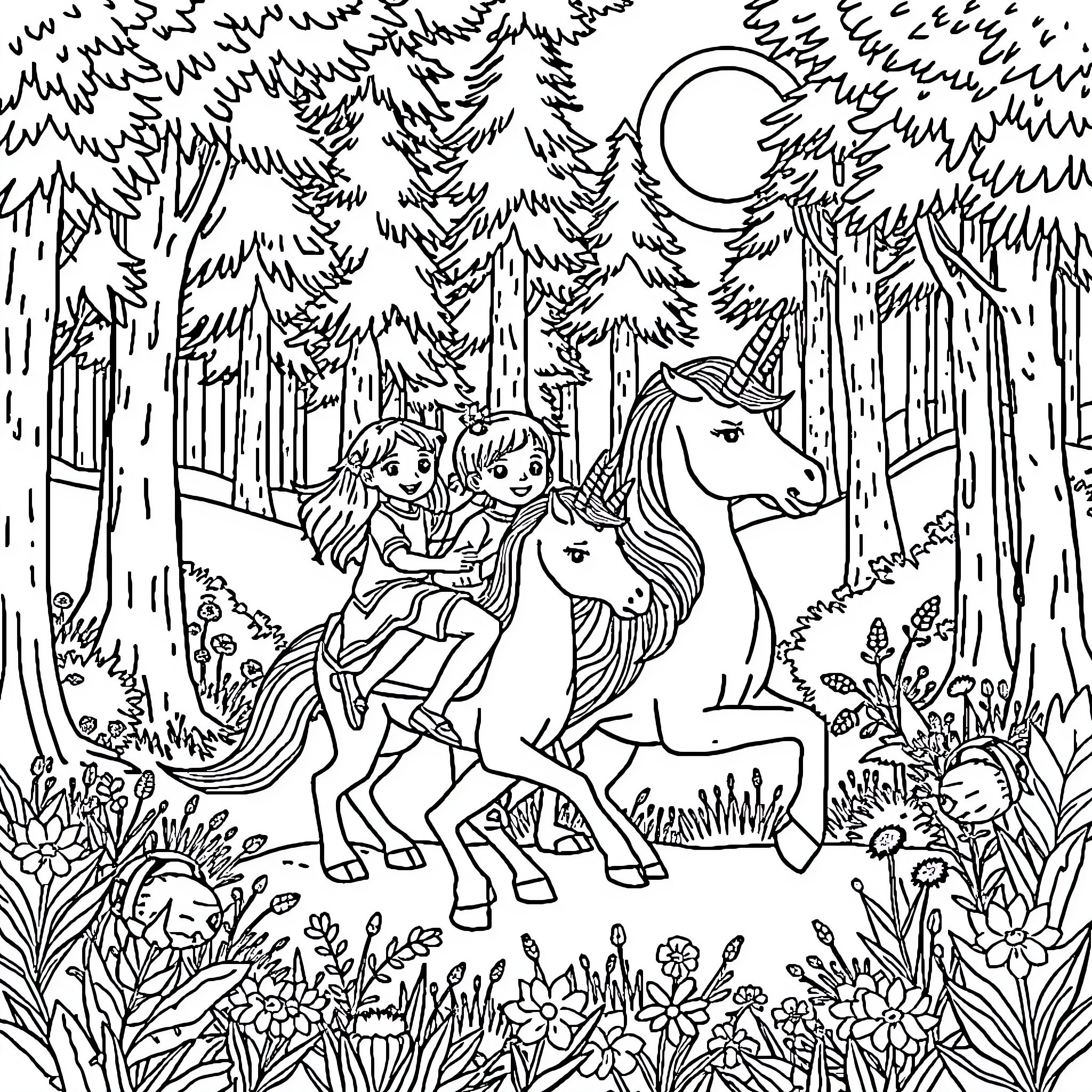 Unicorn Fairytale Enchantment in the Forest Coloring Page (free black-and-white line drawing printable PDF for all, from beginners to advanced learners, including children, teens, adults, and seniors)