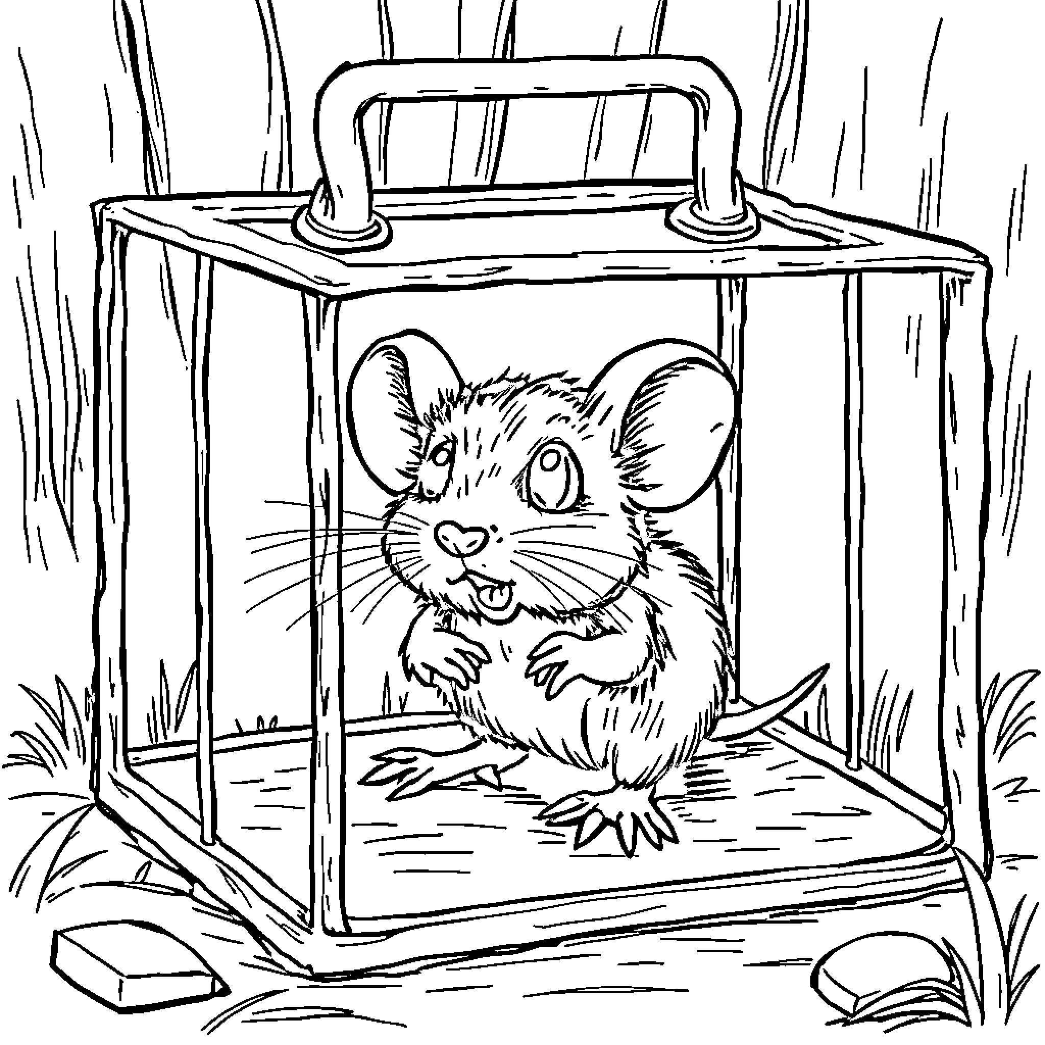 Mouse peering curiously from a glass enclosure Coloring Page (free black-and-white line drawing printable PDF for all, from beginners to advanced learners, including children, teens, adults, and seniors)
