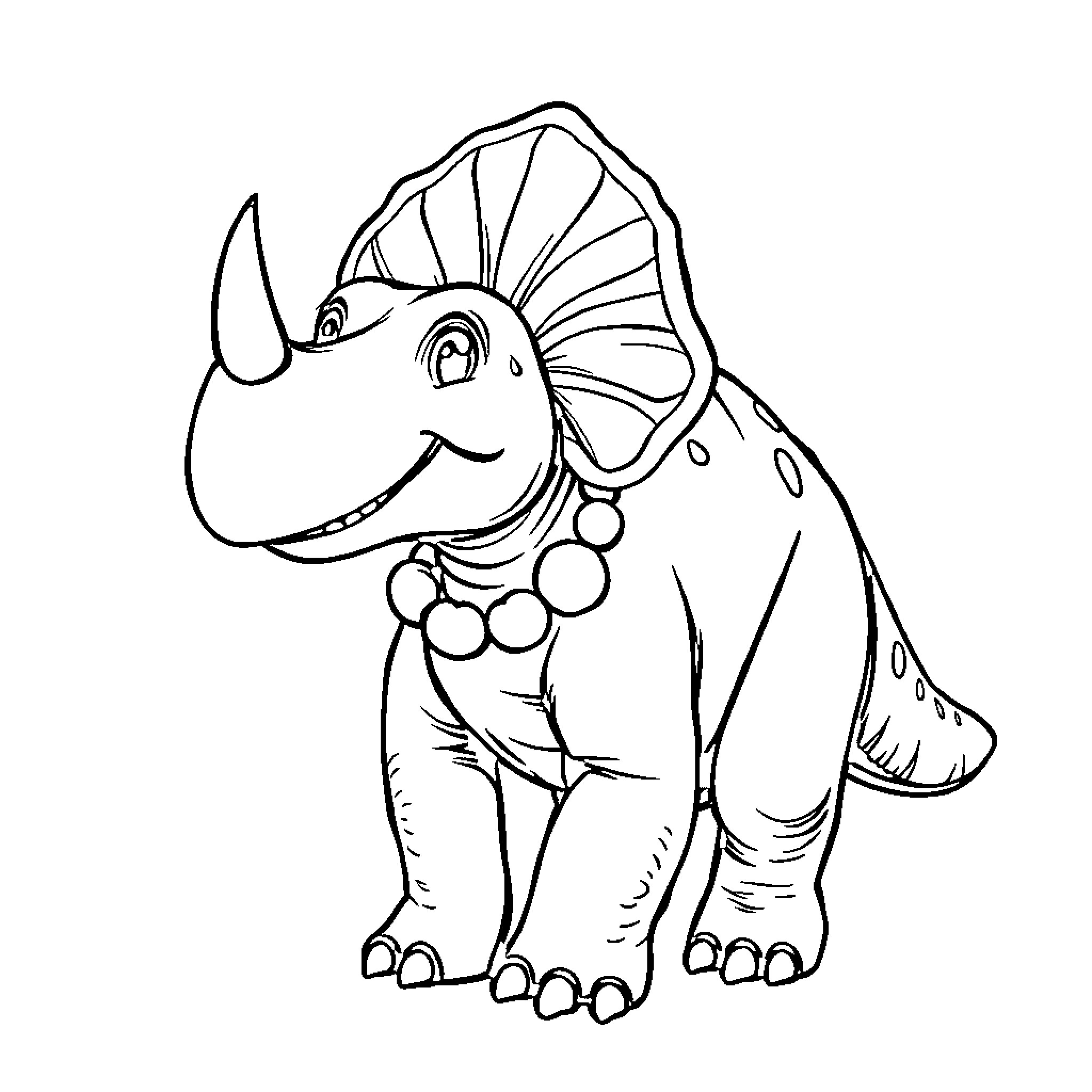 Triceratops smiling happily in cartoon style Coloring Page (free black-and-white line drawing printable PDF for all, from beginners to advanced learners, including children, teens, adults, and seniors)
