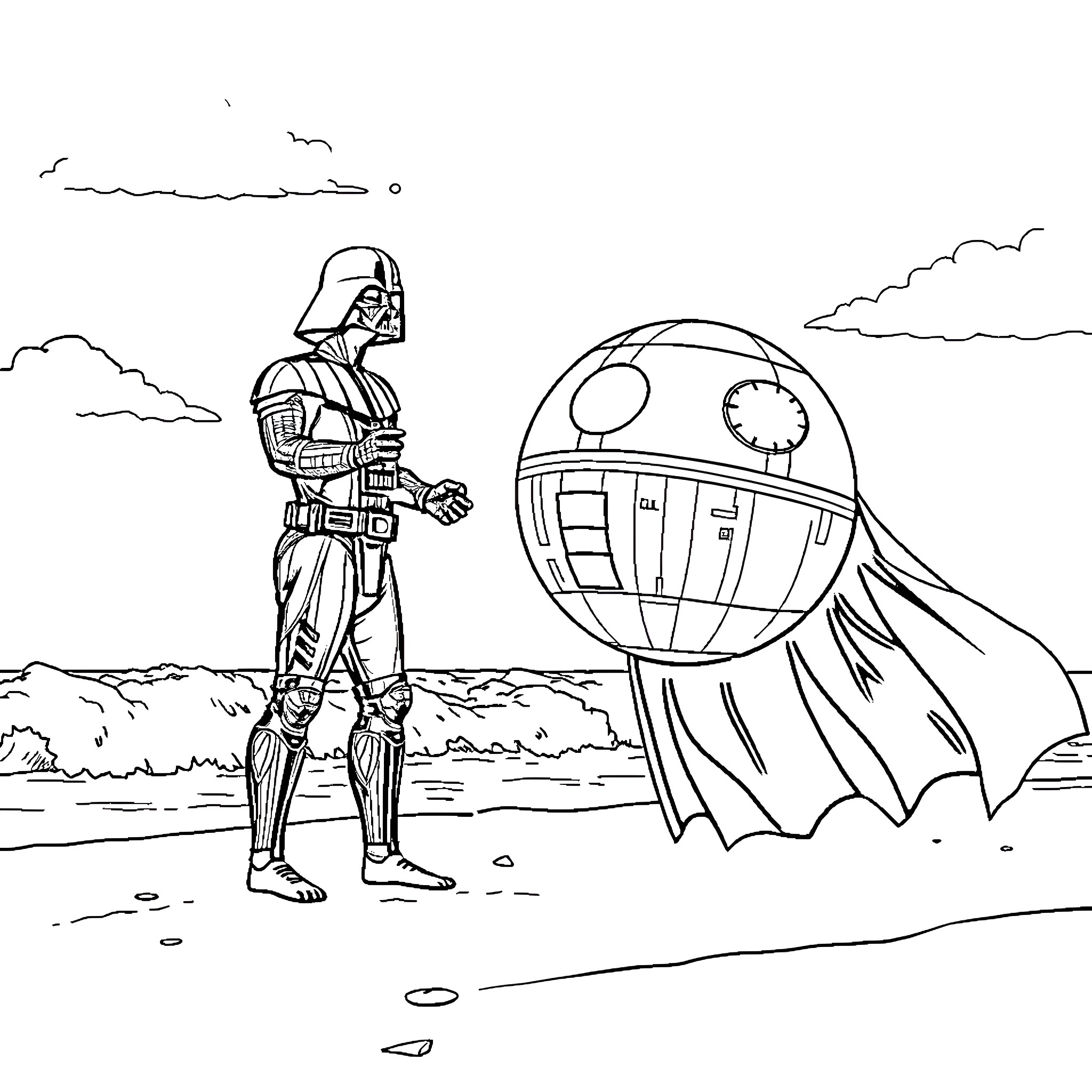 Darth Vader confronts the Death Star in a desolate landscape Coloring Page (free black-and-white line drawing printable PDF for all, from beginners to advanced learners, including children, teens, adults, and seniors)