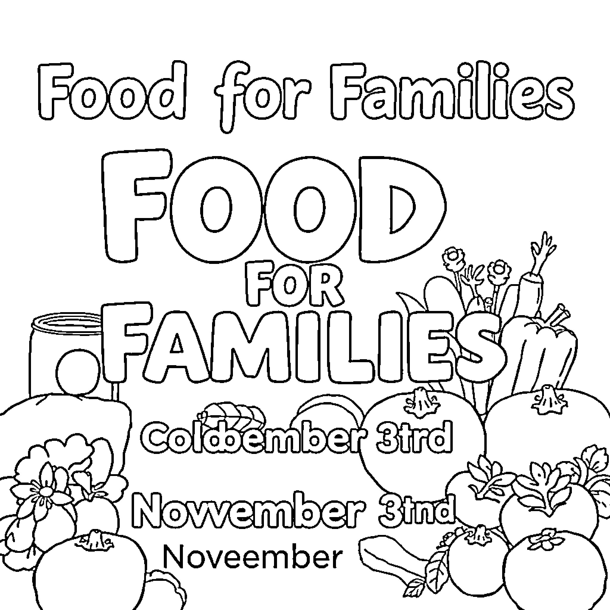 Food for Families - Food for Families Event Coloring Page (free black-and-white line drawing printable PDF for all, from beginners to advanced learners, including children, teens, adults, and seniors)