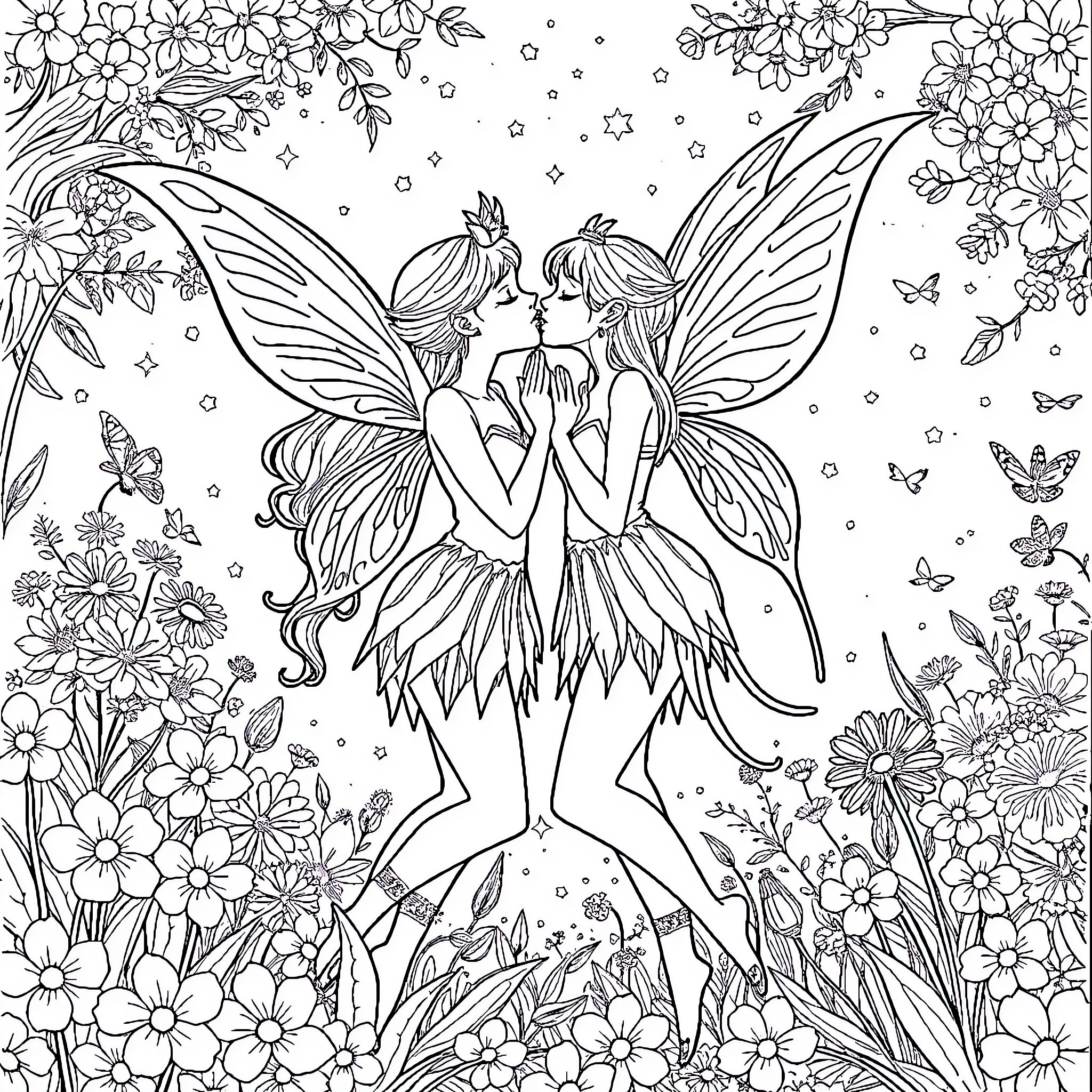 Fairy Dancers Amid Enchanting Floral Wonderland Coloring Page (free black-and-white line drawing printable PDF for all, from beginners to advanced learners, including children, teens, adults, and seniors)