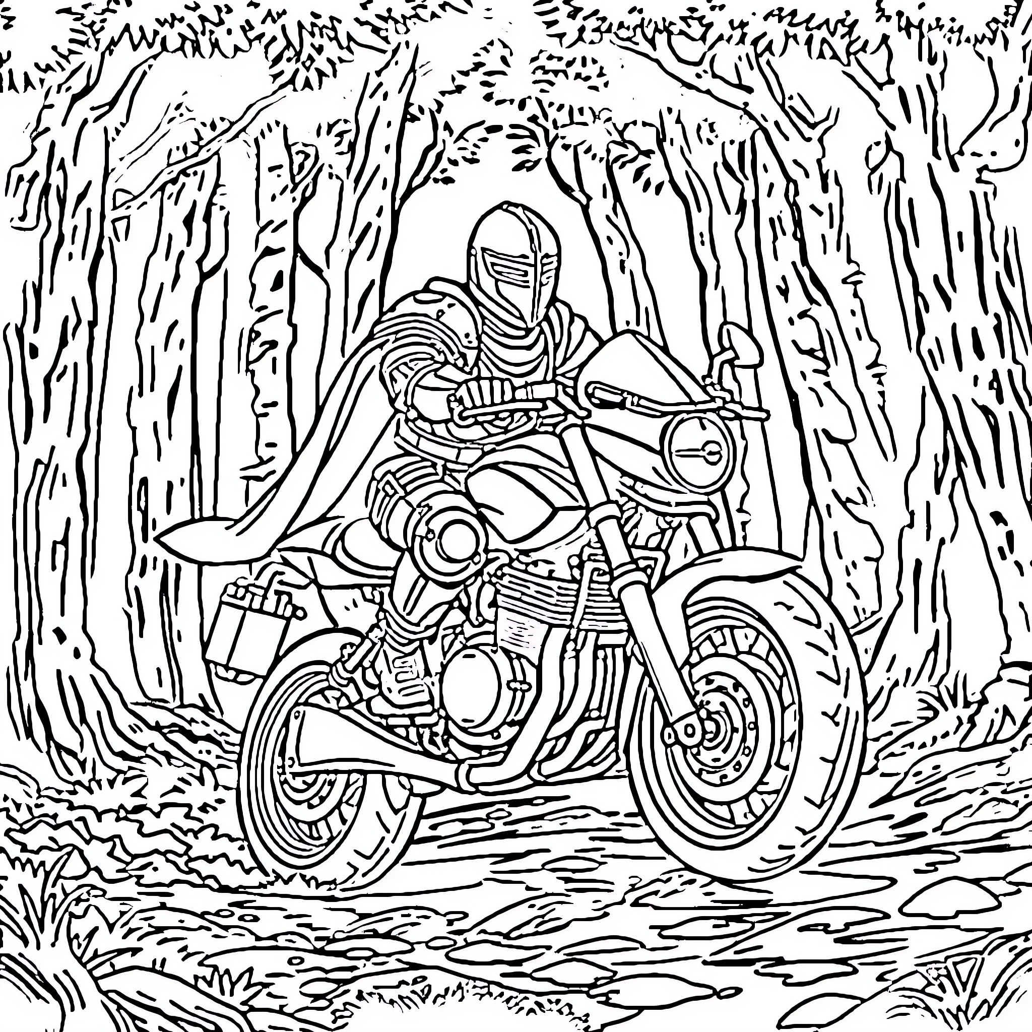 Knight Rider on a Powerful Motorcycle through the Forest Coloring Page (free black-and-white line drawing printable PDF for all, from beginners to advanced learners, including children, teens, adults, and seniors)