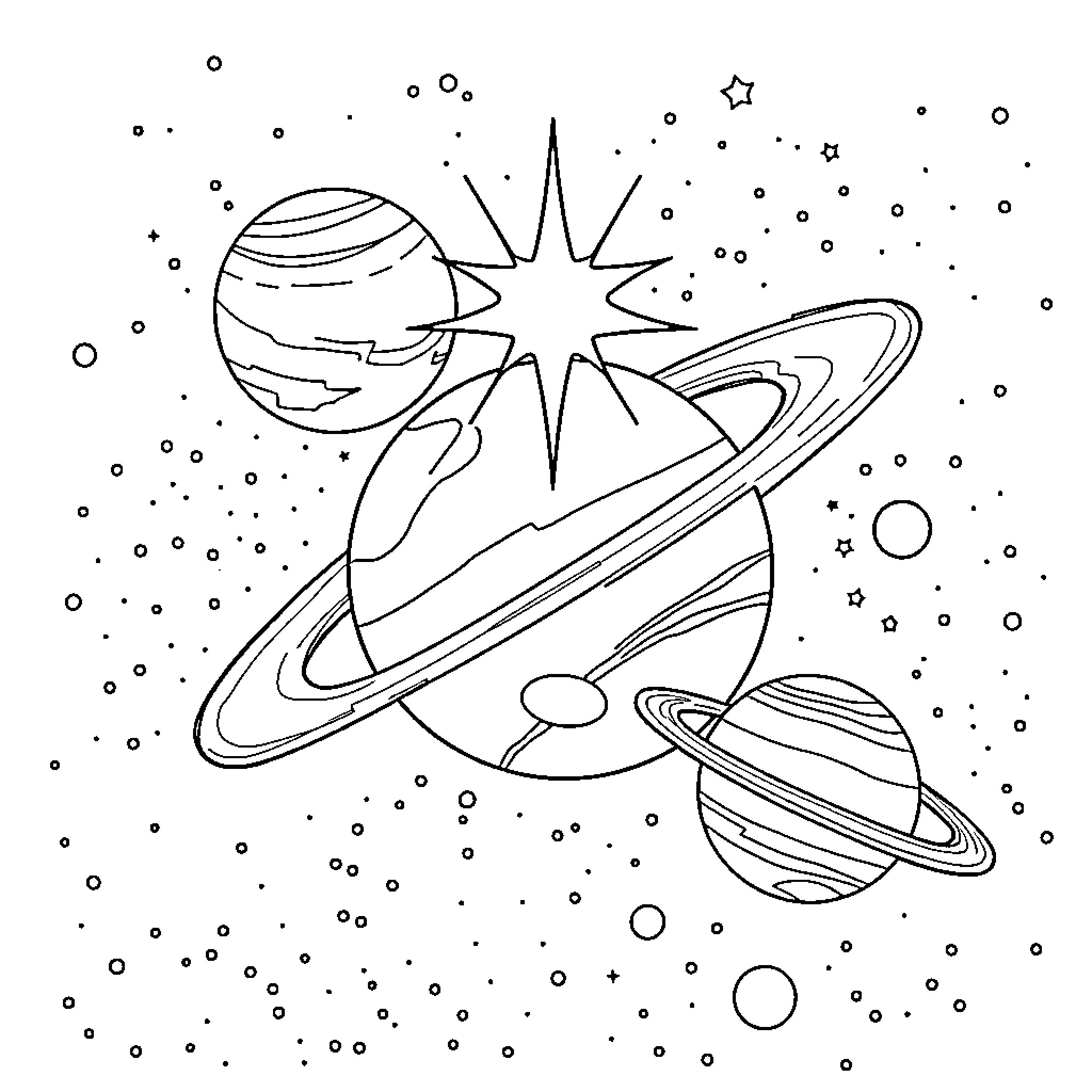 Planet Exploration in the Cosmos Coloring Page (free black-and-white line drawing printable PDF for all, from beginners to advanced learners, including children, teens, adults, and seniors)