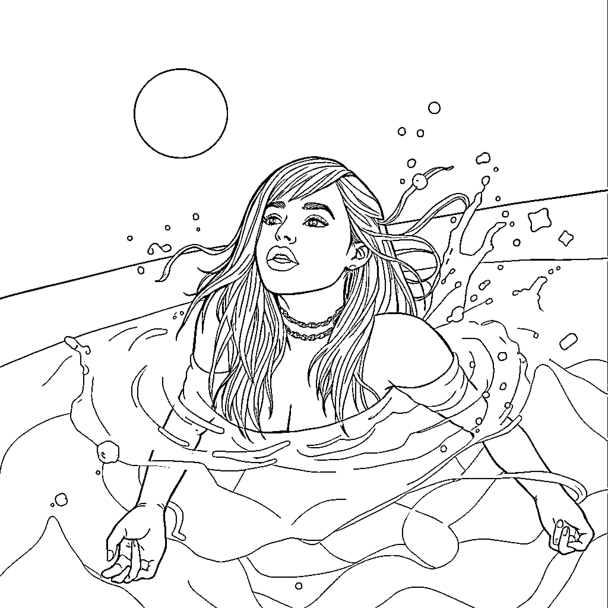 Billie Eilish floating in a surreal aquatic scene Coloring Page (free black-and-white line drawing printable PDF for all, from beginners to advanced learners, including children, teens, adults, and seniors)