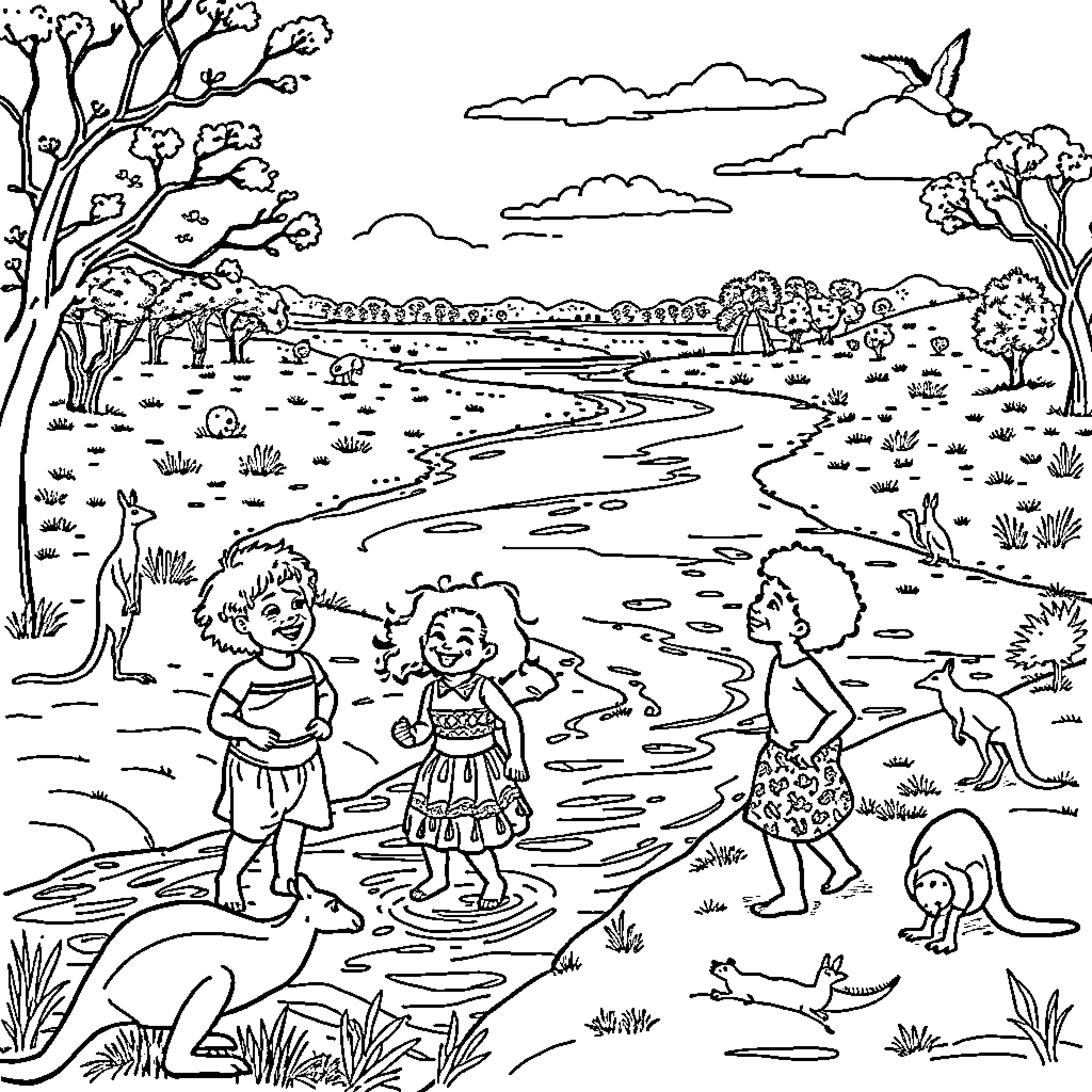 Kid playing together in natural scenery Coloring Page (free black-and-white line drawing printable PDF for all, from beginners to advanced learners, including children, teens, adults, and seniors)