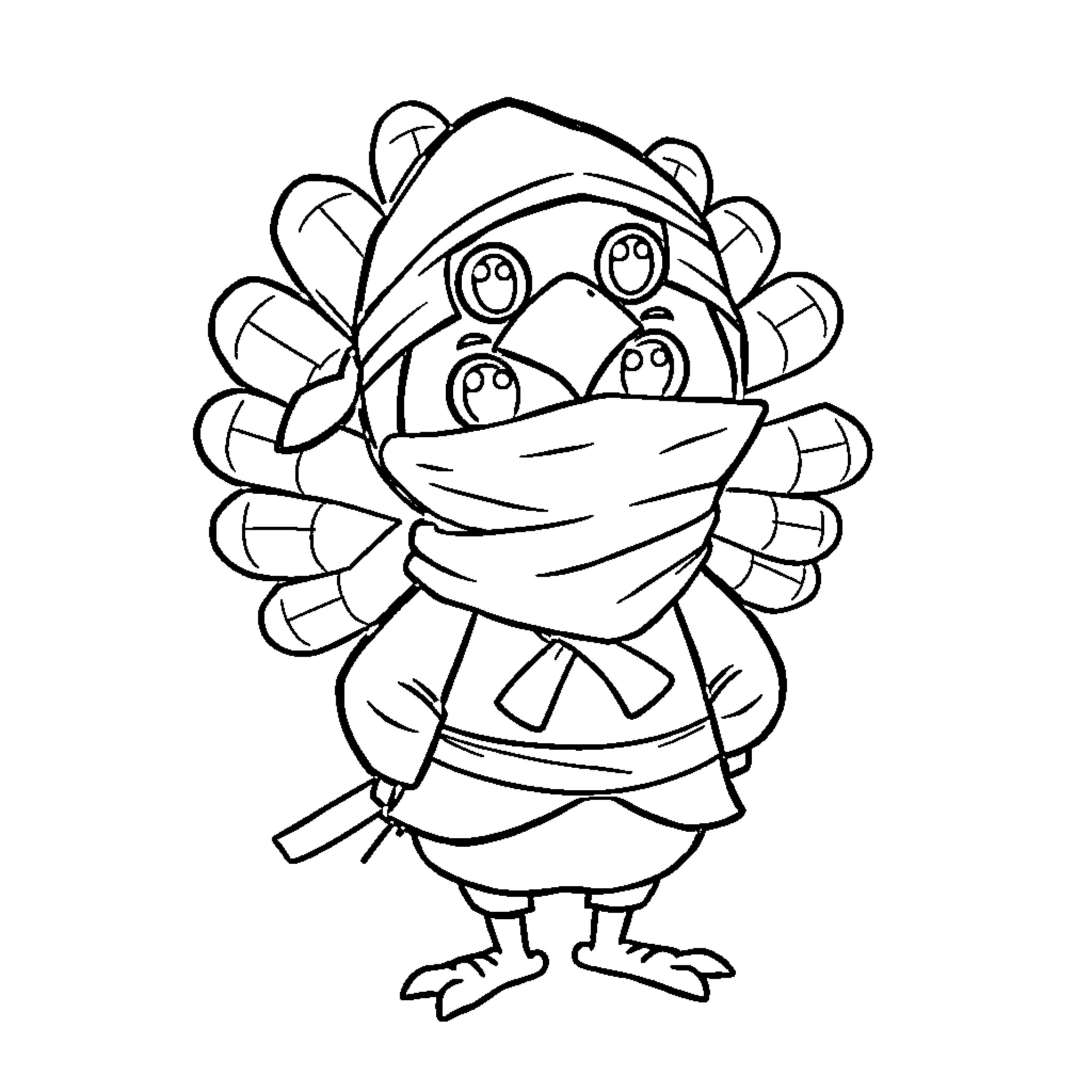 Turkey family wearing masks for protection Coloring Page (free black-and-white line drawing printable PDF for all, from beginners to advanced learners, including children, teens, adults, and seniors)