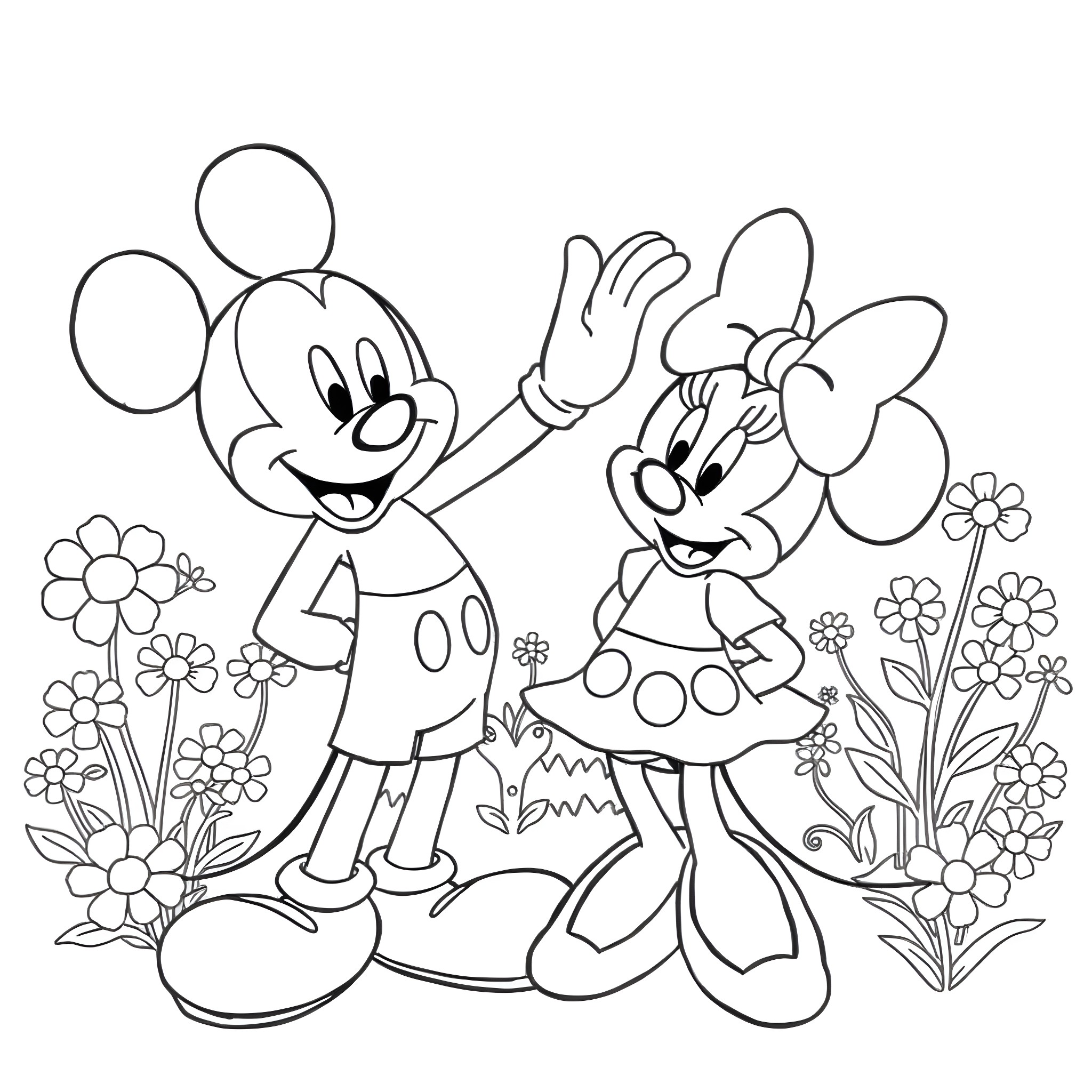 Mickey Mouse and Minnie Mouse having fun in a flowery meadow Coloring Page (free black-and-white line drawing printable PDF for all, from beginners to advanced learners, including children, teens, adults, and seniors)