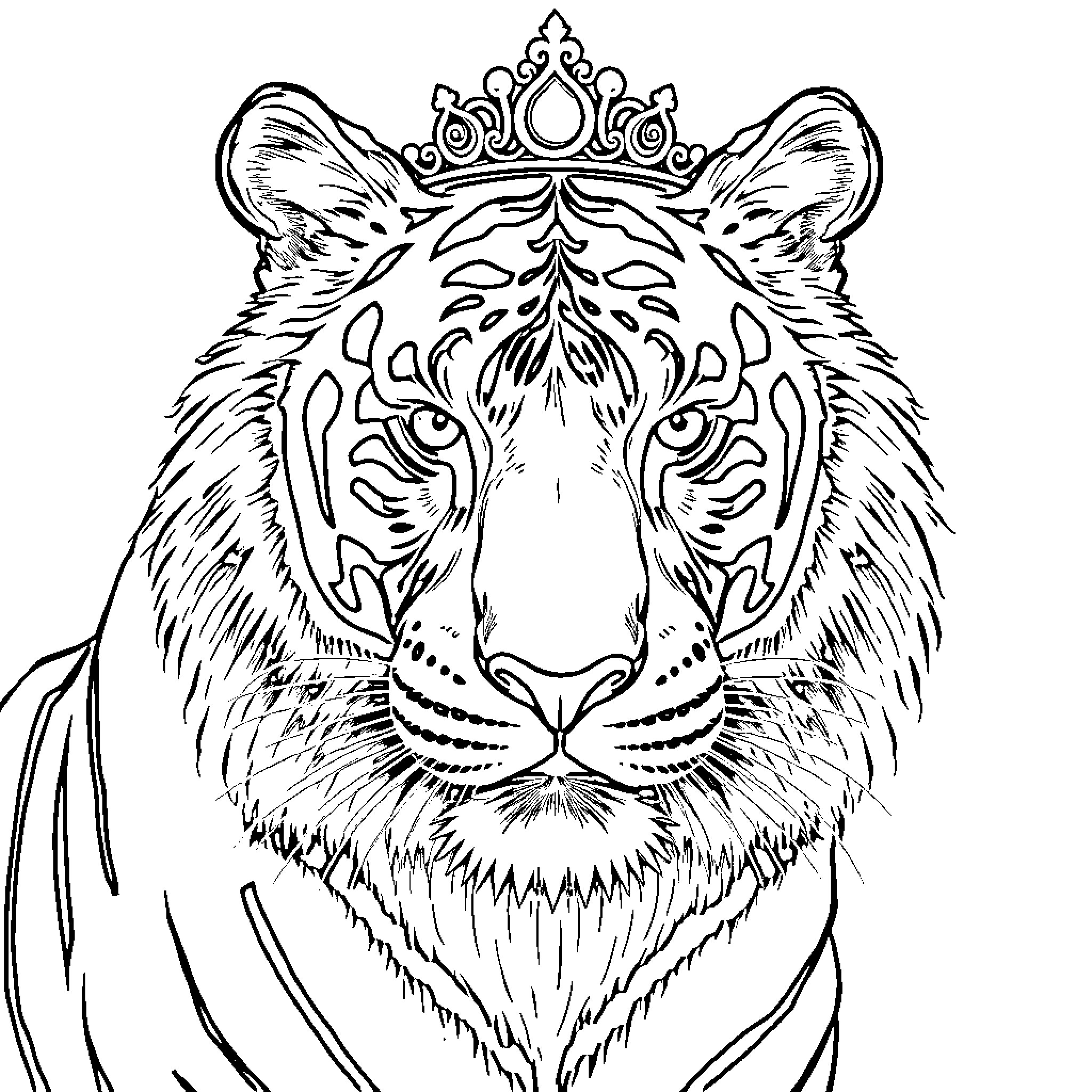 Tiger with Ornate Crown Headpiece Coloring Page (free black-and-white line drawing printable PDF for all, from beginners to advanced learners, including children, teens, adults, and seniors)