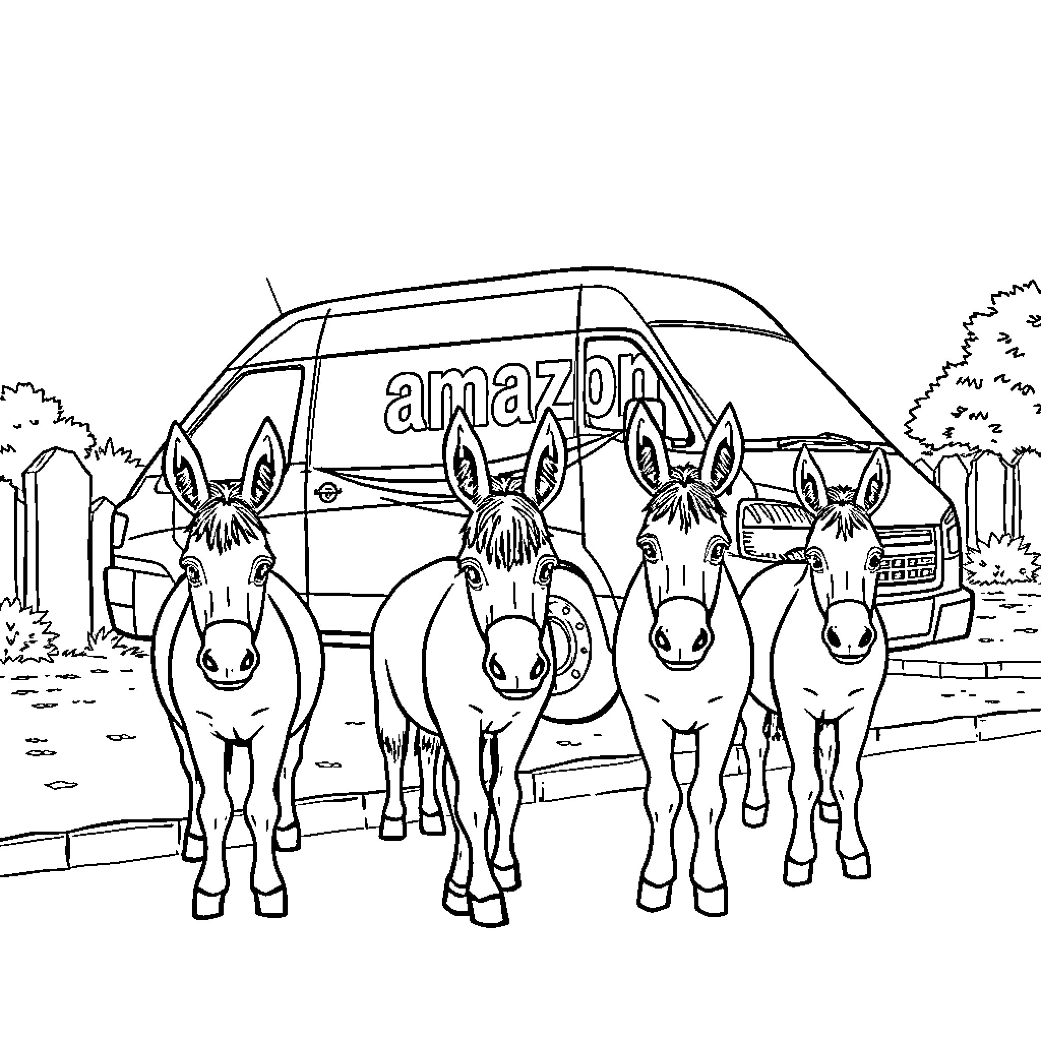 Donkeys pulling Amazon delivery van in rural setting Coloring Page (free black-and-white line drawing printable PDF for all, from beginners to advanced learners, including children, teens, adults, and seniors)