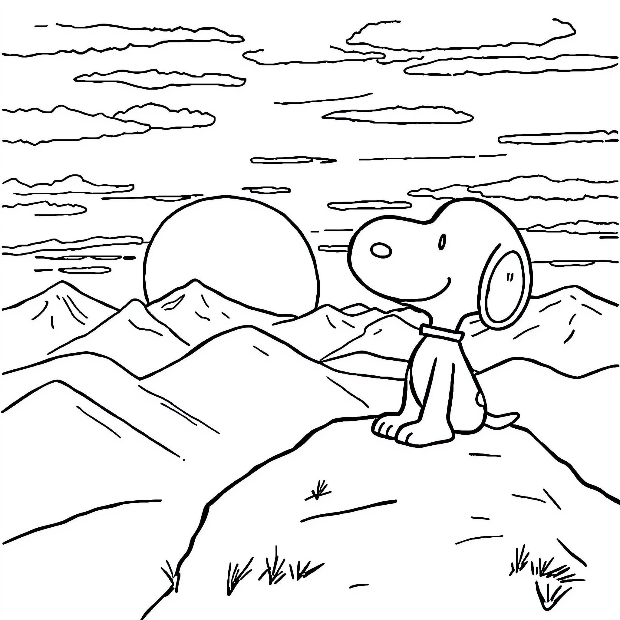 Snoopy's Scenic Mountain Adventure Coloring Page (free black-and-white line drawing printable PDF for all, from beginners to advanced learners, including children, teens, adults, and seniors)