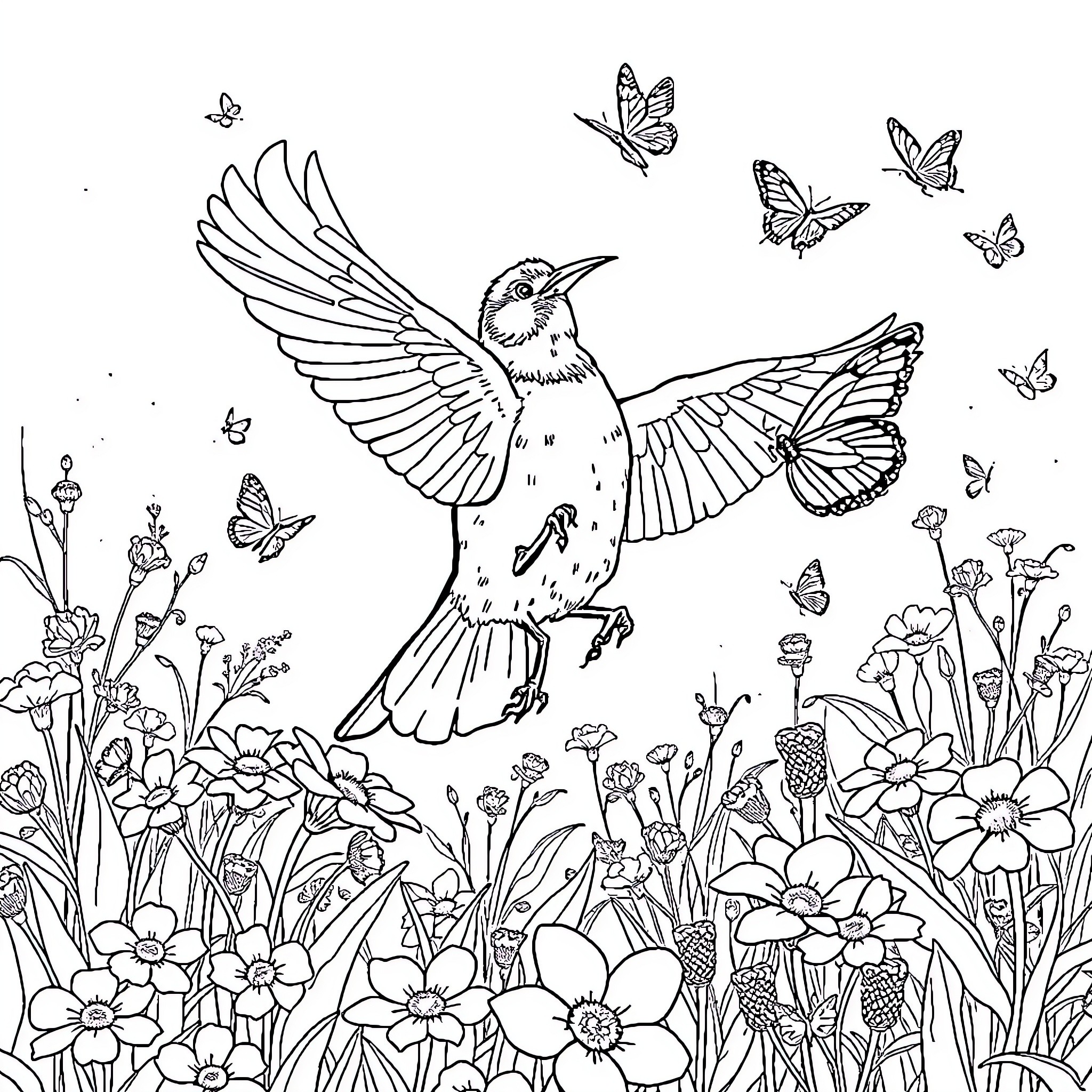Perro entre flores y mariposas Coloring Page (free black-and-white line drawing printable PDF for all, from beginners to advanced learners, including children, teens, adults, and seniors)