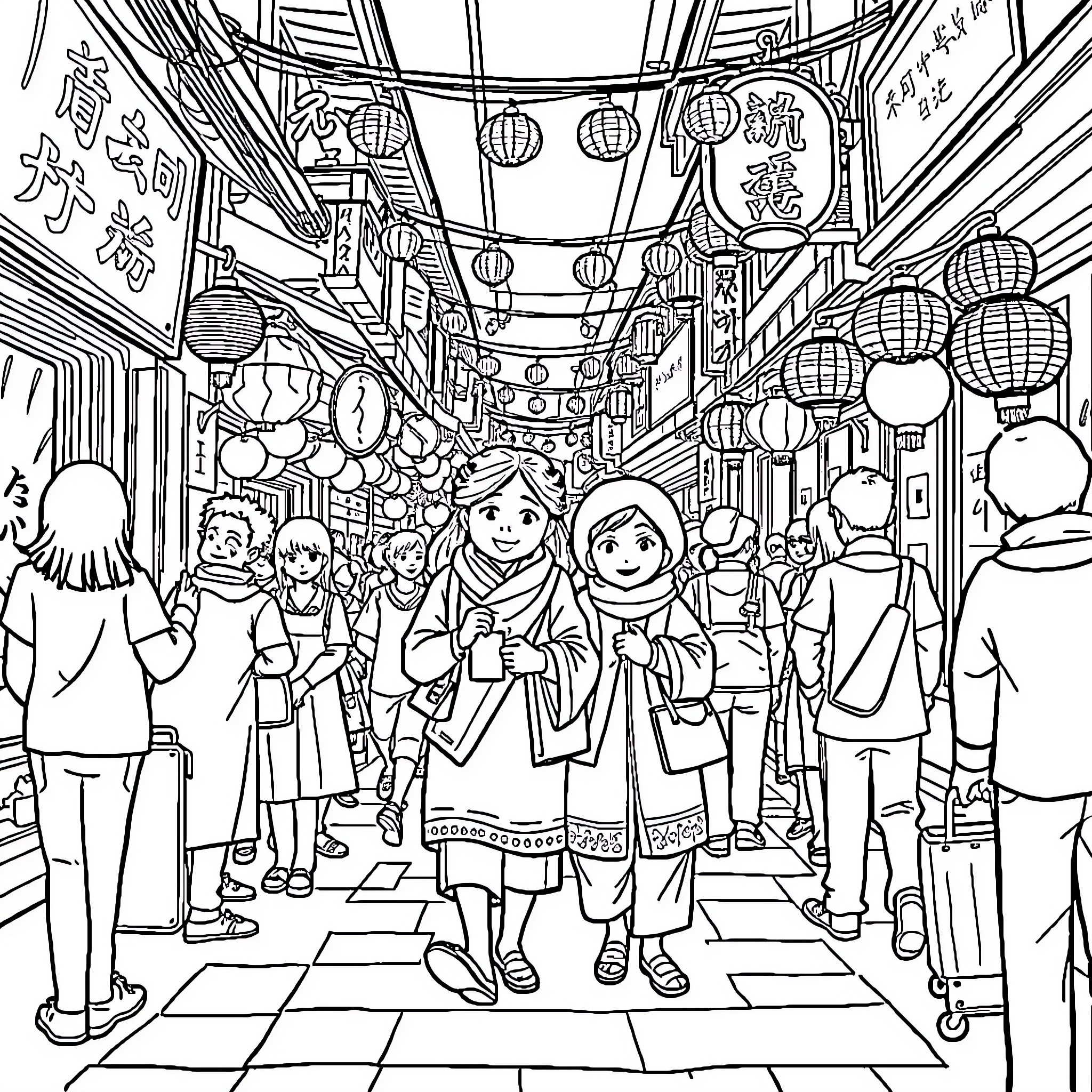Jinshi's Bustling Cultural Adventure in a Vibrant Alleyway Coloring Page (free black-and-white line drawing printable PDF for all, from beginners to advanced learners, including children, teens, adults, and seniors)